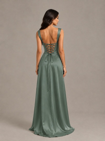 BOLODOO Eucalyptus Satin Lace-Up Bridesmaid Dress with Slit - Eucalyptus - Eucalyptus (2)
