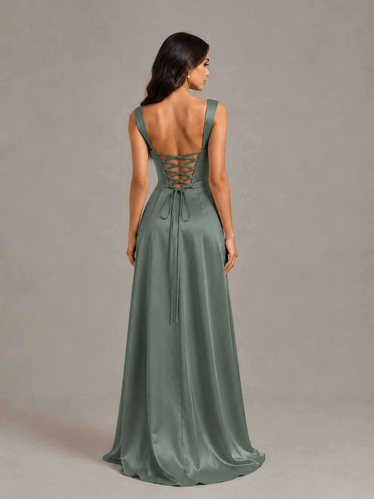 BOLODOO Eucalyptus Satin Lace-Up Bridesmaid Dress with Slit - Eucalyptus - Eucalyptus (2)