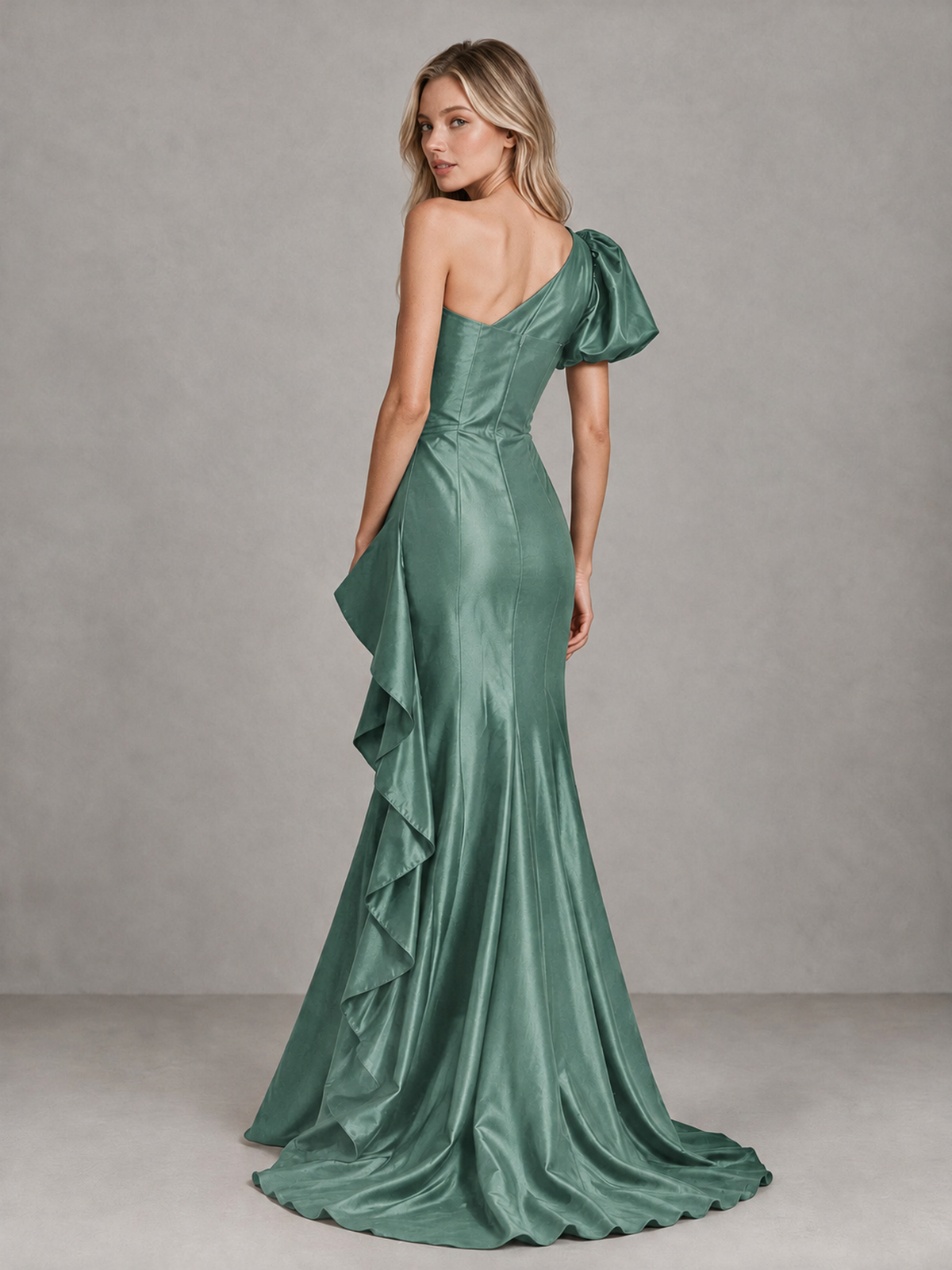 BOLODOO Eucalyptus One-Shoulder Satin-Look Mermaid Evening Dress with Ruffles - Eucalyptus - Eucalyptus (2)