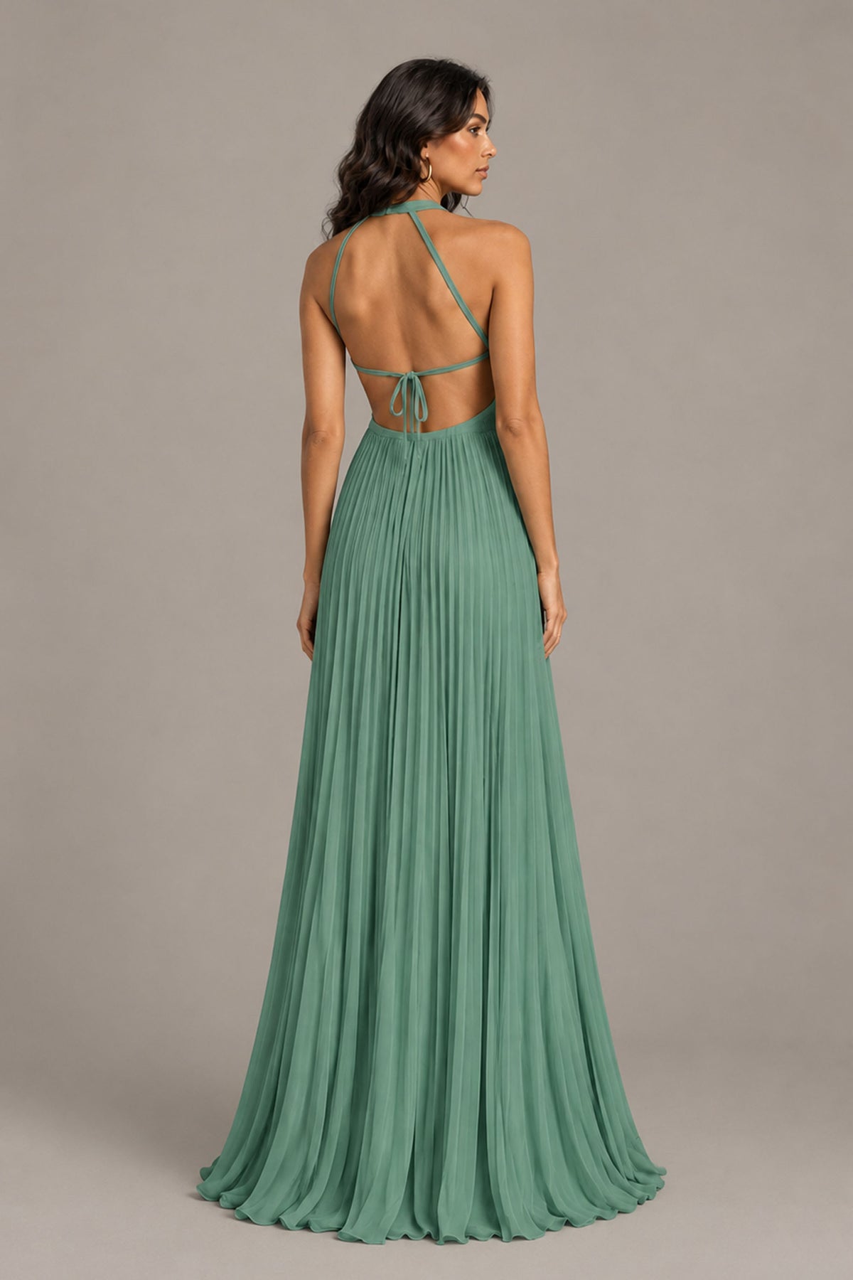BOLODOO Eucalyptus Halter Neck Pleated Chiffon Maxi Dress with Side Slit - Eucalyptus