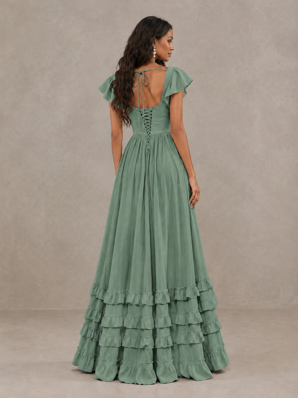 BOLODOO Eucalyptus Flutter Sleeve Ruffle Bridesmaid Dress with Slit - Eucalyptus - Eucalyptus (2)