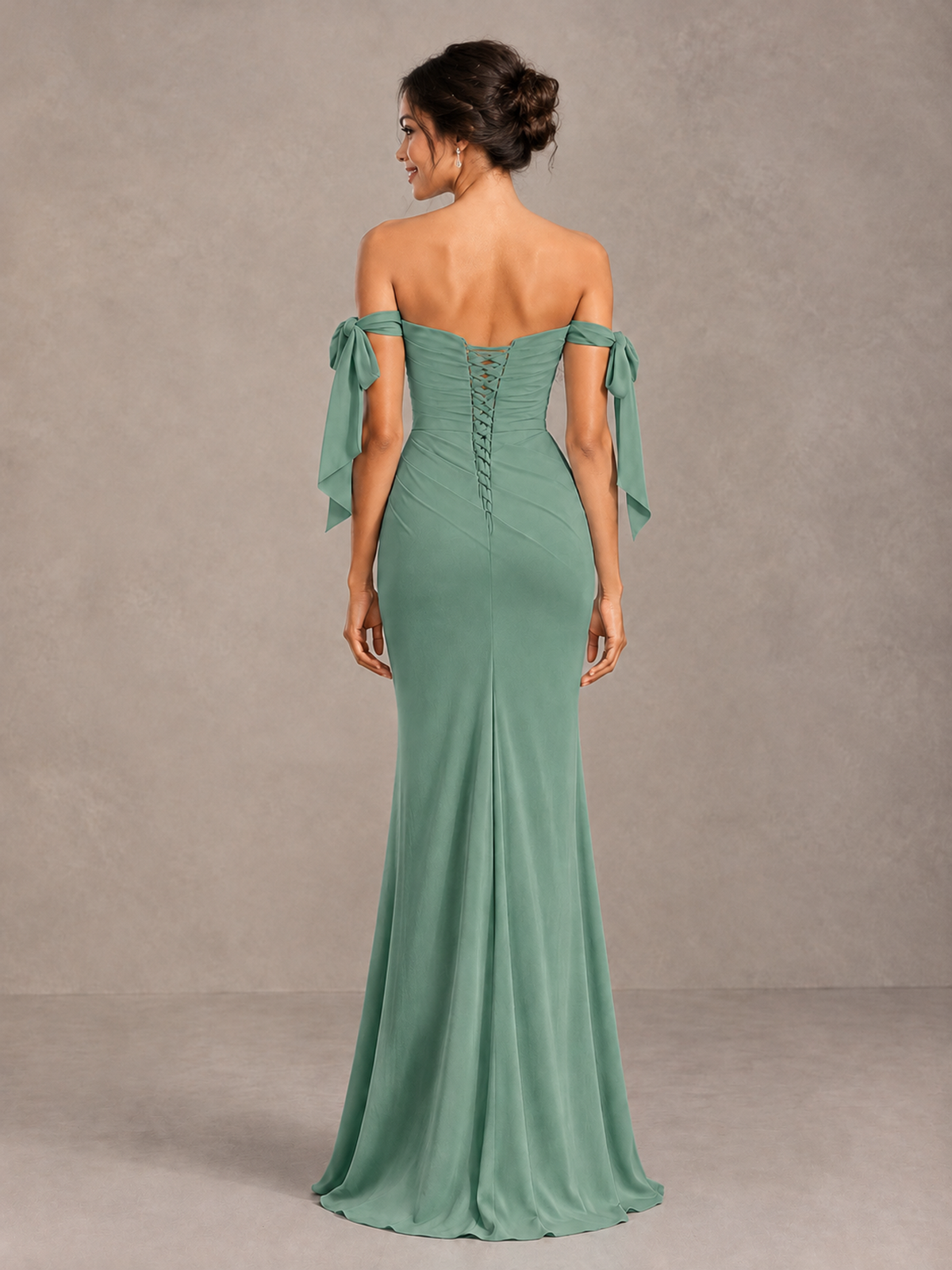 Eucalyptus Off-Shoulder Bow Bridesmaid Dress with Slit - Eucalyptus - Eucalyptus (2)