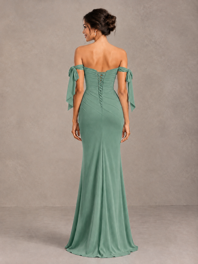 Eucalyptus Off-Shoulder Bow Bridesmaid Dress with Slit - Eucalyptus - Eucalyptus (2)