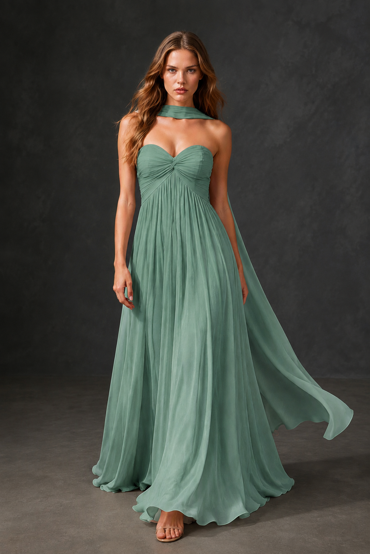 BOLODOO Eucalyptus Sweetheart Strapless Twist Knot Detached Halter Scarf Lace-Up Back Empire Waist Chiffon Maxi Dress - Eucalyptus