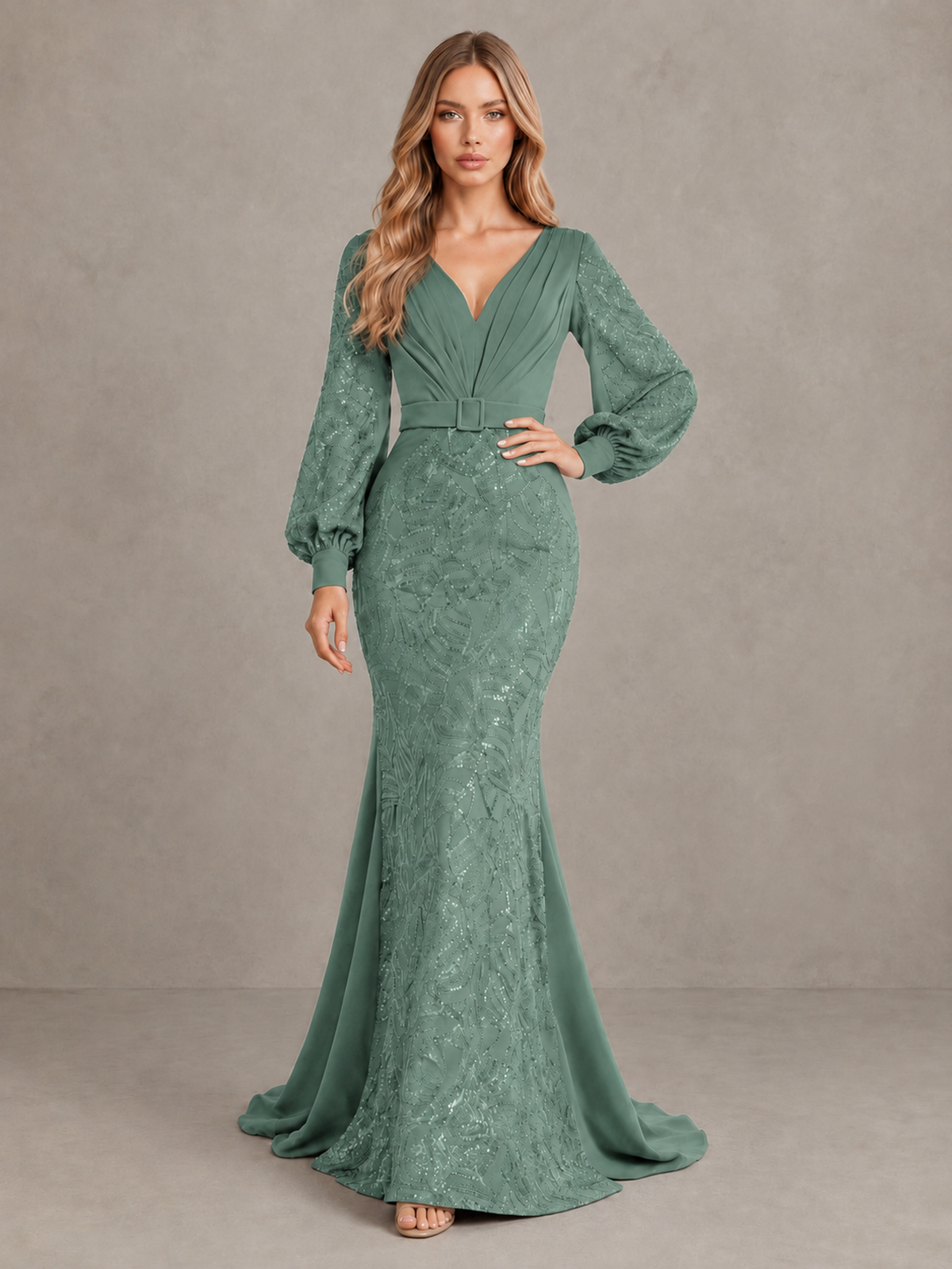 BOLODOO Eucalyptus Sequin Long Bishop Sleeve Mermaid Evening Dress - Eucalyptus - Eucalyptus (3)
