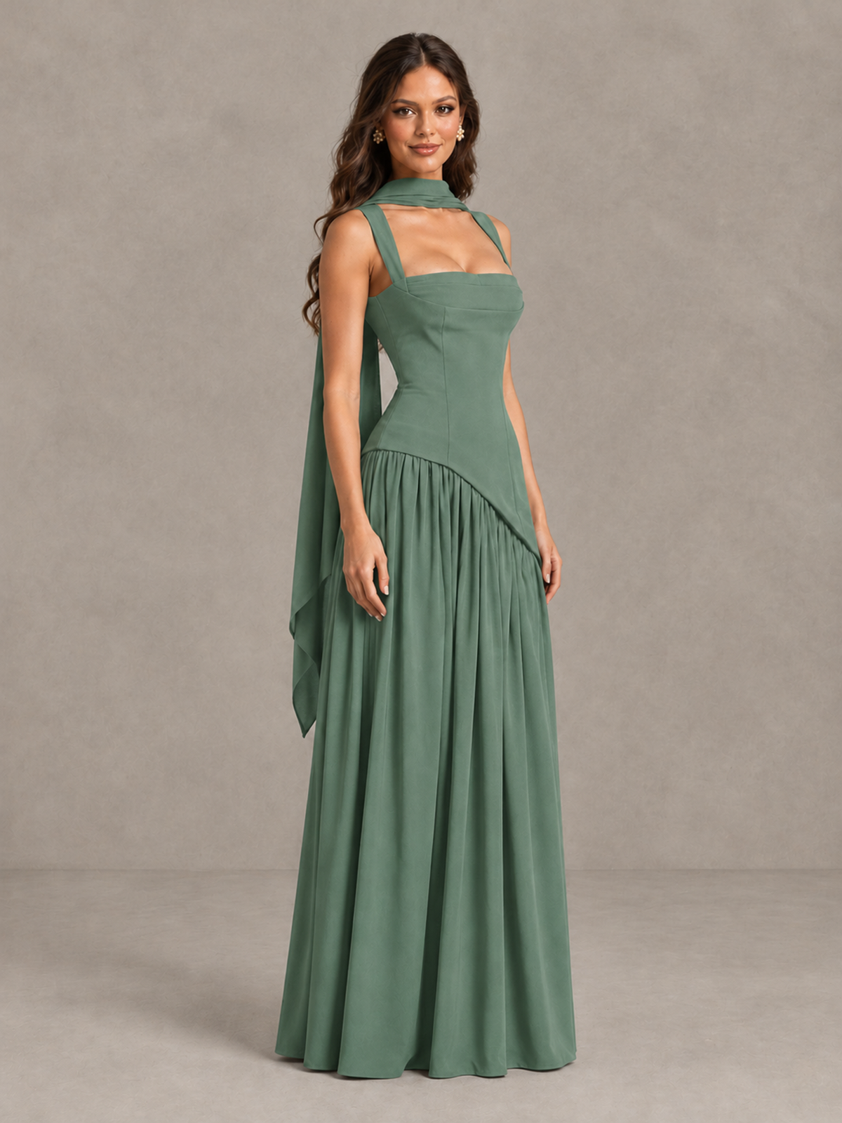 BOLODOO Eucalyptus Brown Scarf Bridesmaid Dress with Lace-Up Back - Eucalyptus - Eucalyptus (3)