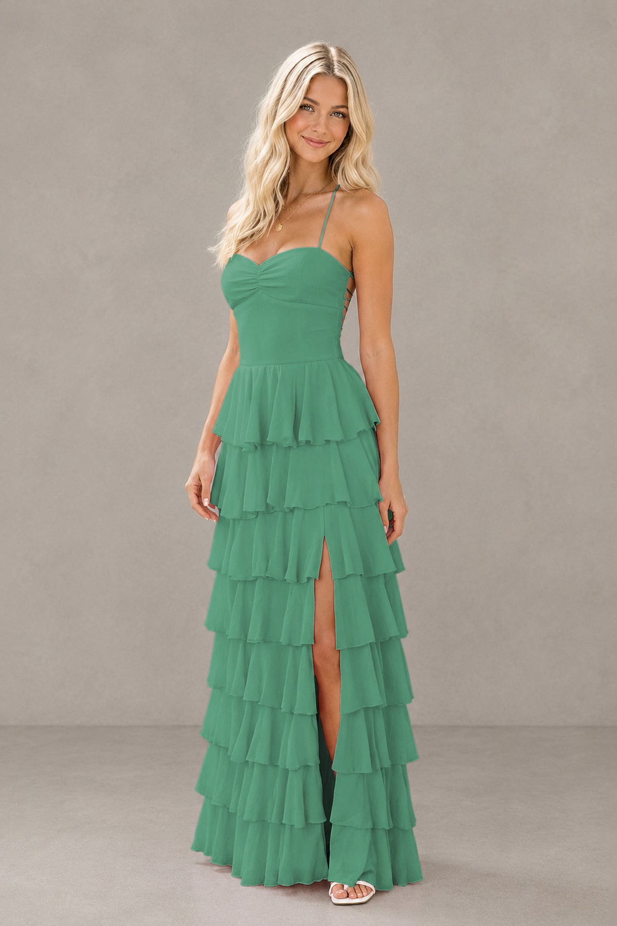 BOLODOO Eucalyptus Strapless Tiered Ruffle Maxi Dress with Slit & Lace-Up Back - Eucalyptus