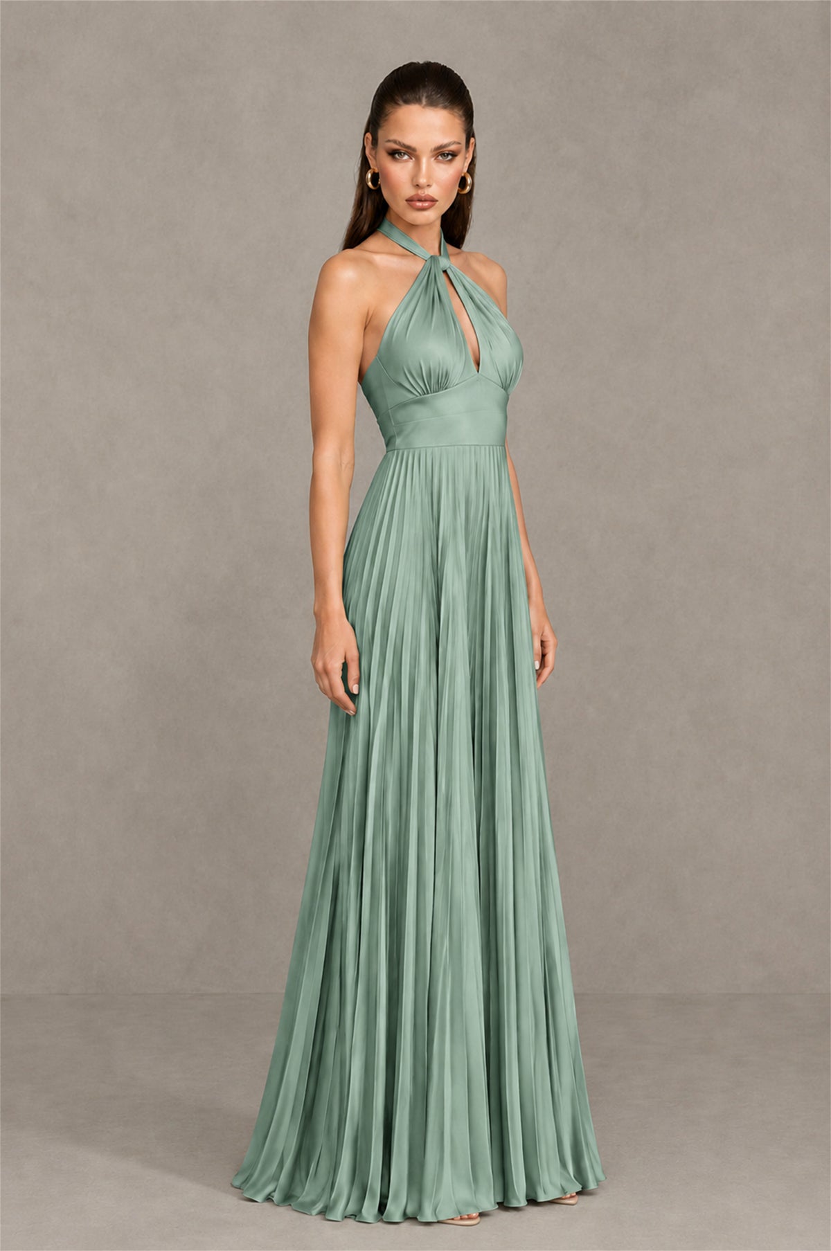 BOLODOO Eucalyptus Halter Pleated A-Line Evening Dress - Eucalyptus