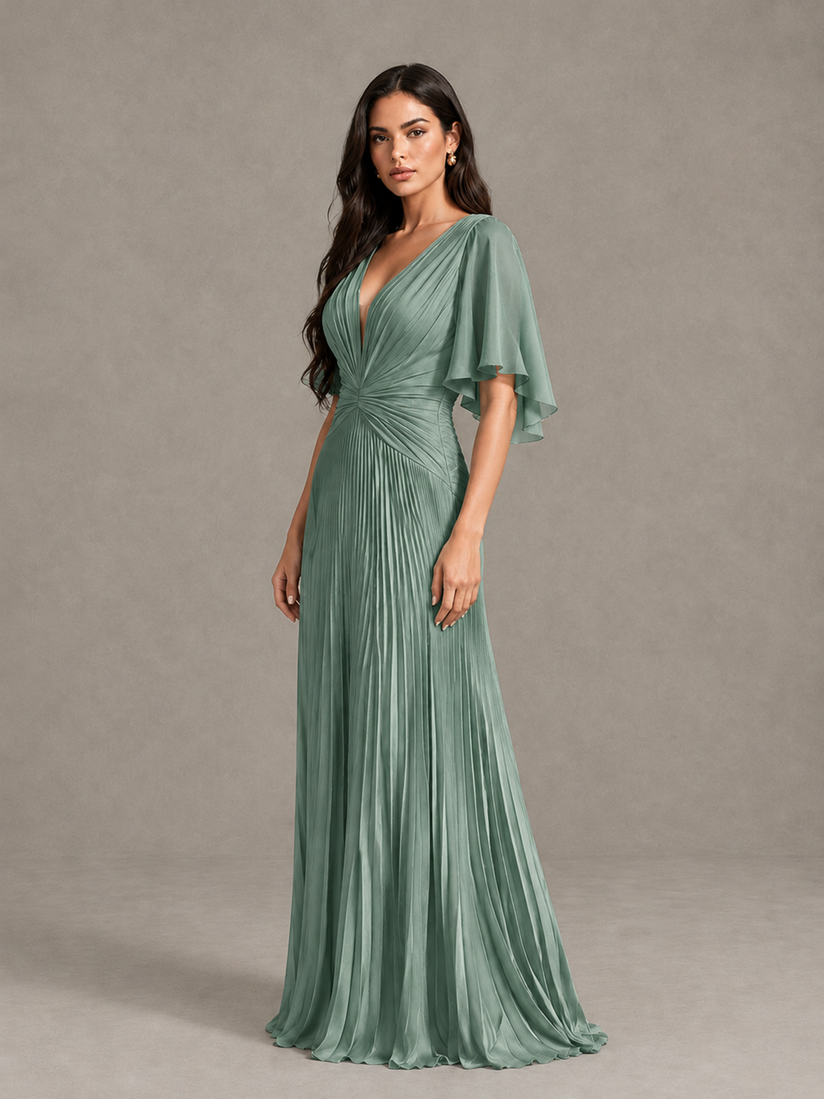 BOLODOO Eucalyptus Pleated V-Neck Flutter Sleeve Bridesmaid Dress - Eucalyptus - Eucalyptus (3)
