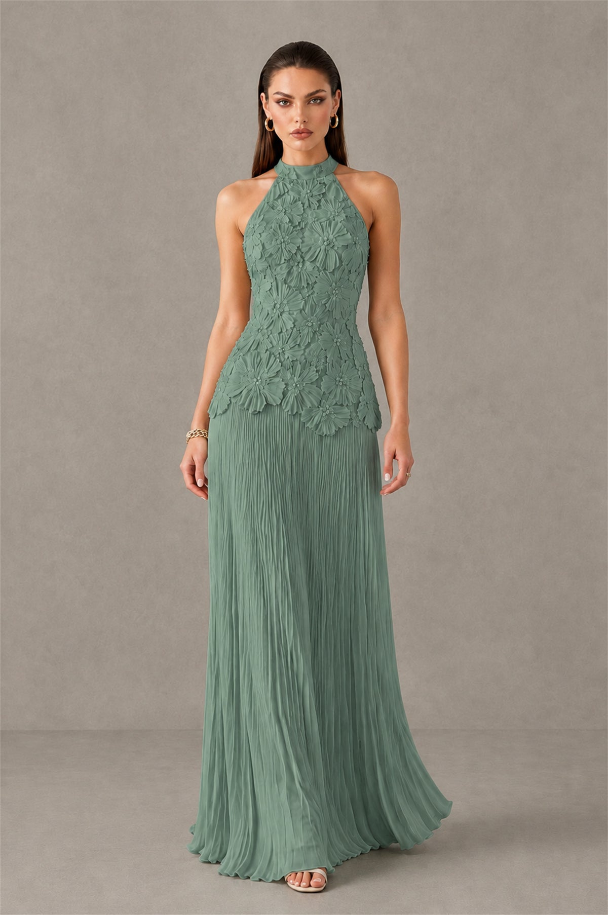 BOLODOO Eucalyptus 3D Floral Applique Halter Neck Open Back Pleated Maxi Dress - Eucalyptus