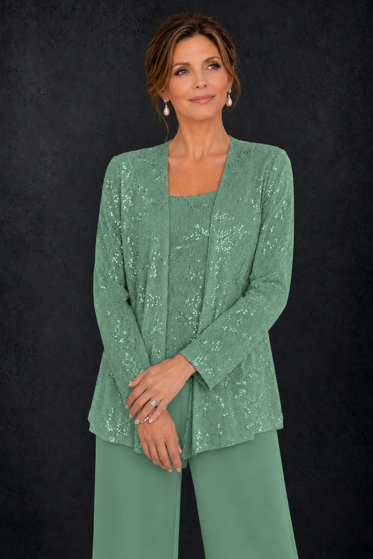 BOLODOO Eucalyptus Sequin Lace 3-Piece Pant Suit with Long Sleeve Jacket - Eucalyptus - Eucalyptus (3)