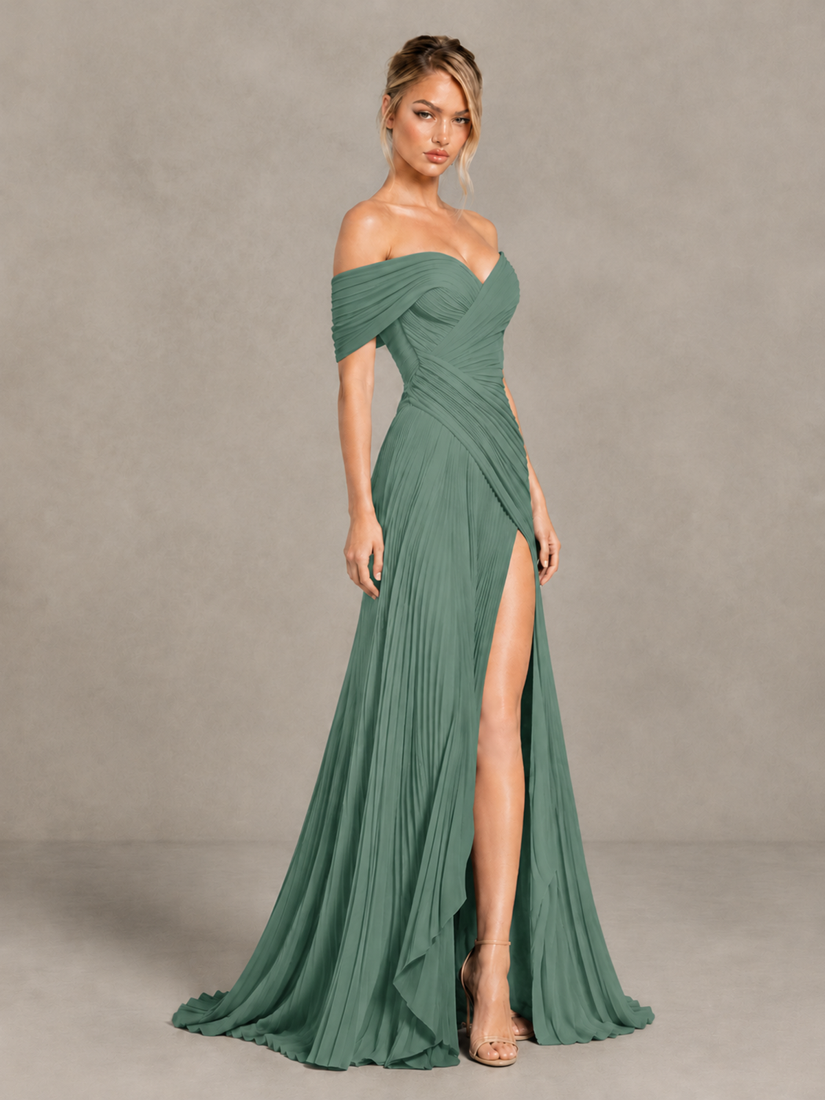 BOLODOO Eucalyptus Off-Shoulder Ruched Pleated Maxi Dress with High Slit - Eucalyptus - Eucalyptus (3)