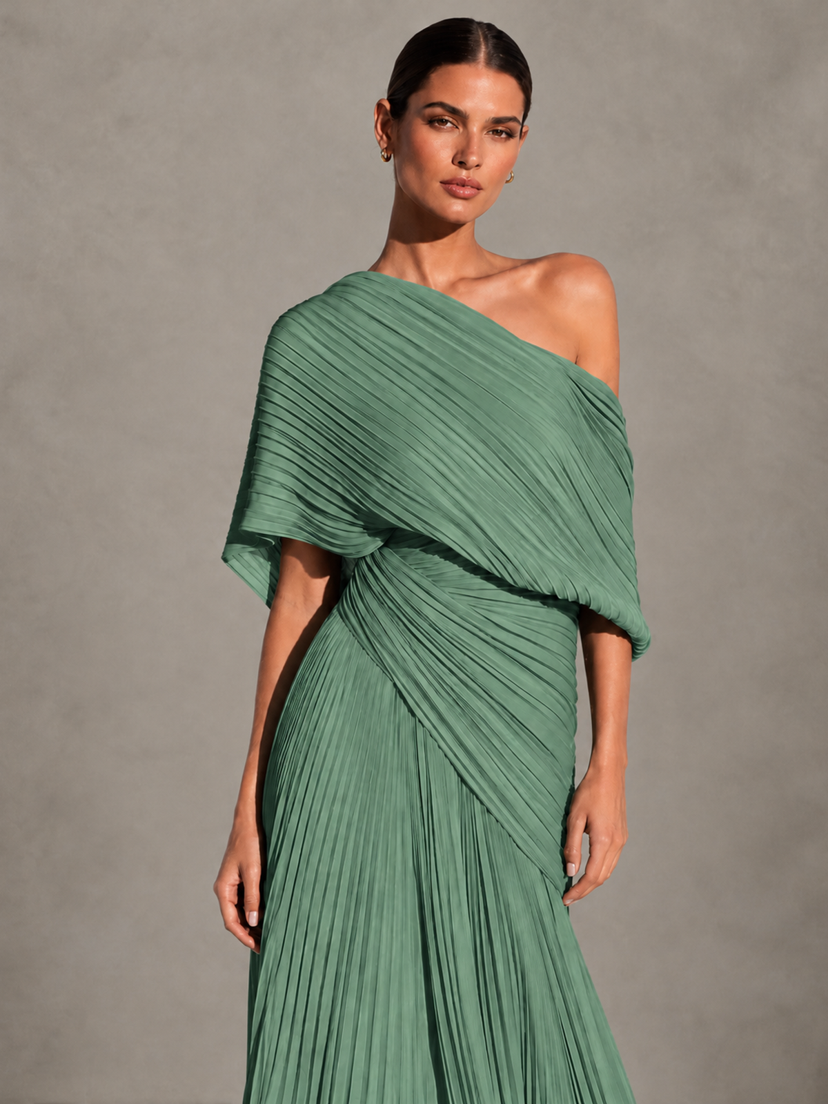 BOLODOO Eucalyptus One-Shoulder Pleated Cape Evening Gown with Train - Eucalyptus - Eucalyptus (3)