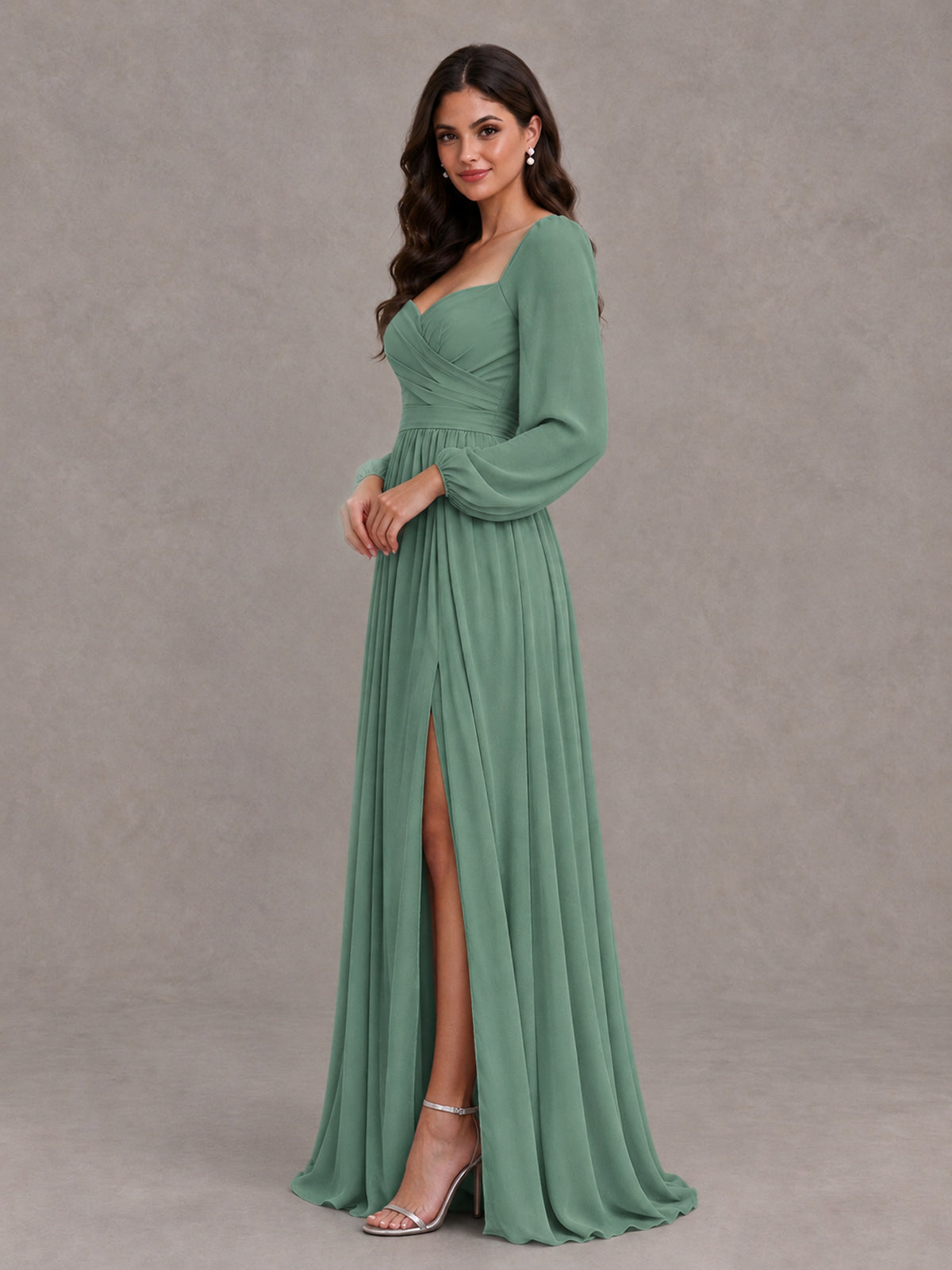 BOLODOO Eucalyptus Long Sleeve Chiffon Bridesmaid Dress with Slit - Eucalyptus - Eucalyptus (3)