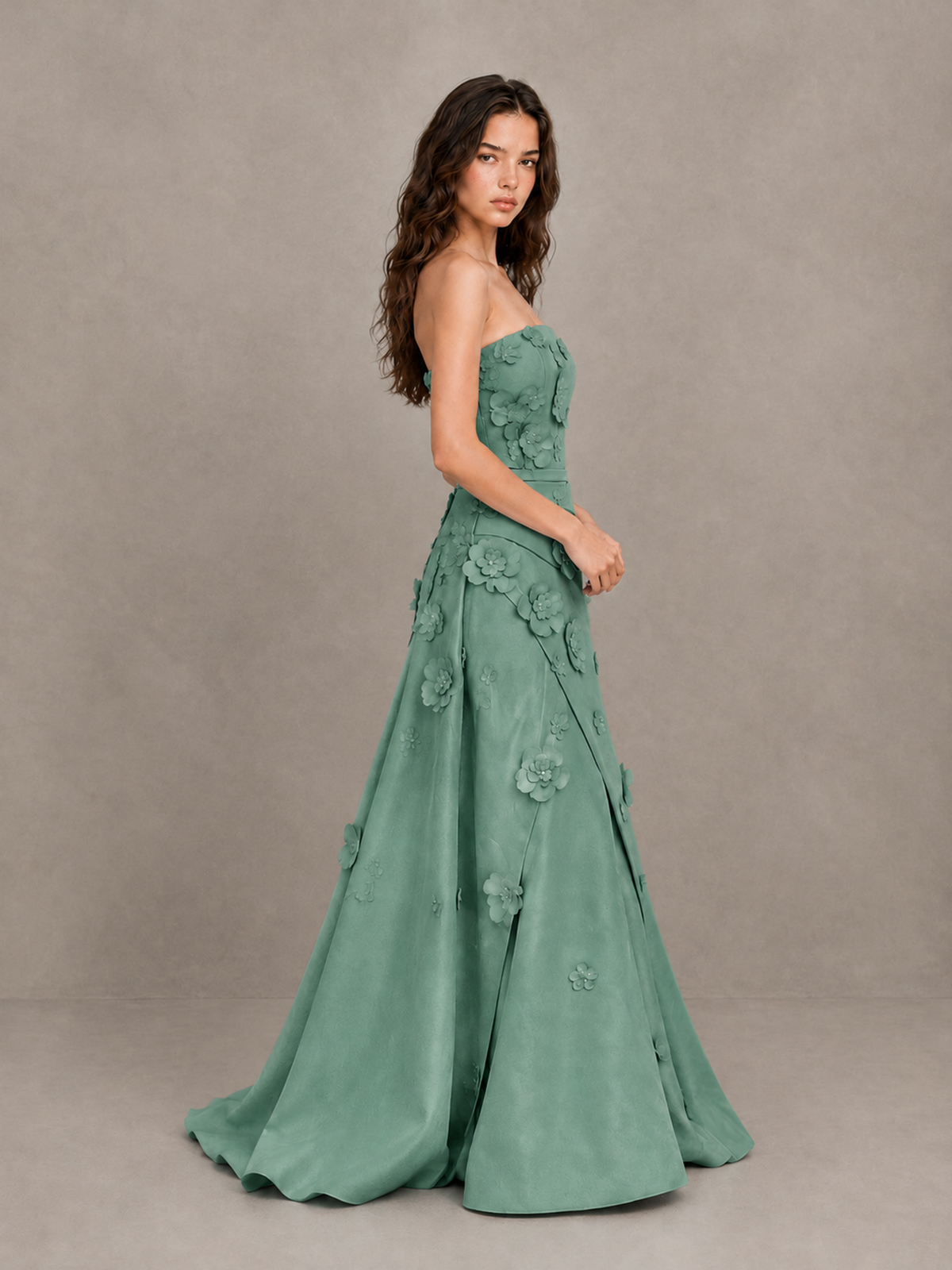 BOLODOO Eucalyptus Strapless 3D Floral Applique Prom Gown with Draped Skirt - Eucalyptus - Eucalyptus (3)