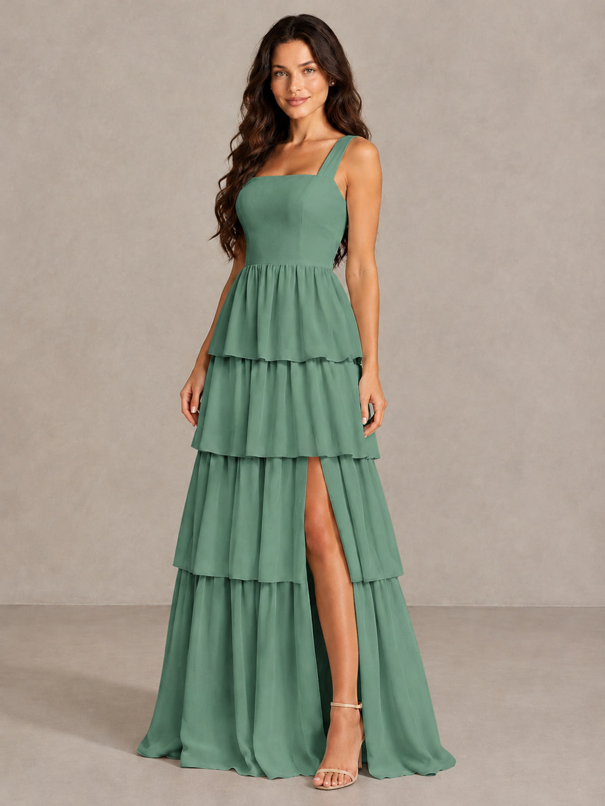BOLODOO Eucalyptus Square Neck Tiered Bridesmaid Dress with Slit - Eucalyptus - Eucalyptus (3)
