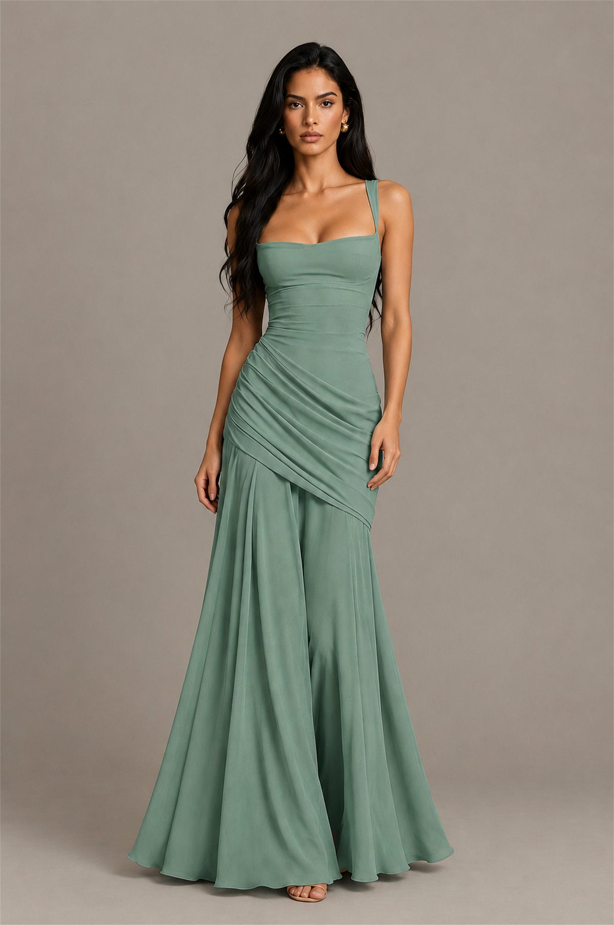 BOLODOO Square Neck Ruched A-Line Maxi Dress - Eucalyptus Backless Evening Gown - Eucalyptus