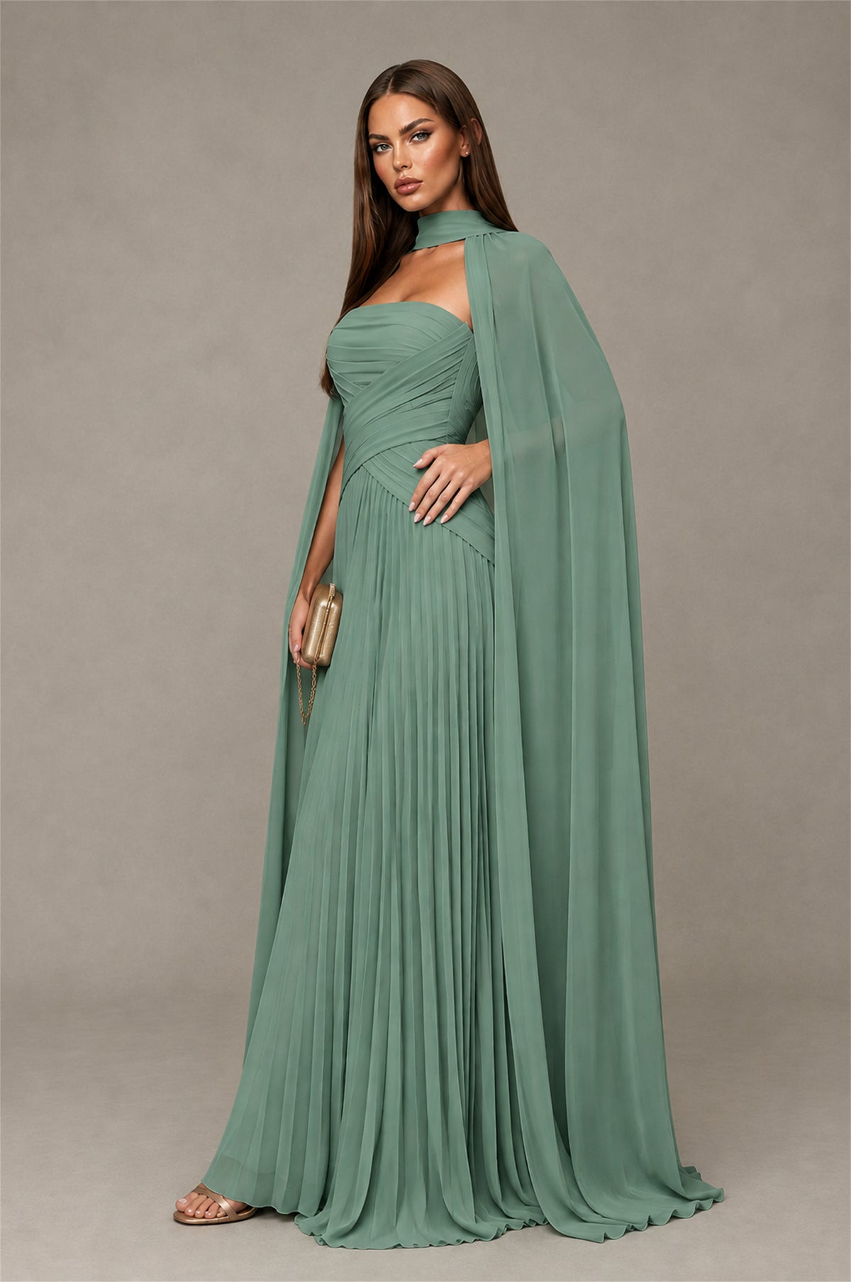 BOLODOO Eucalyptus Strapless Crossover Ruched Bodice Detached Turtleneck Cape Lace-Up Back Pleated Chiffon Maxi Dress - Eucalyptus
