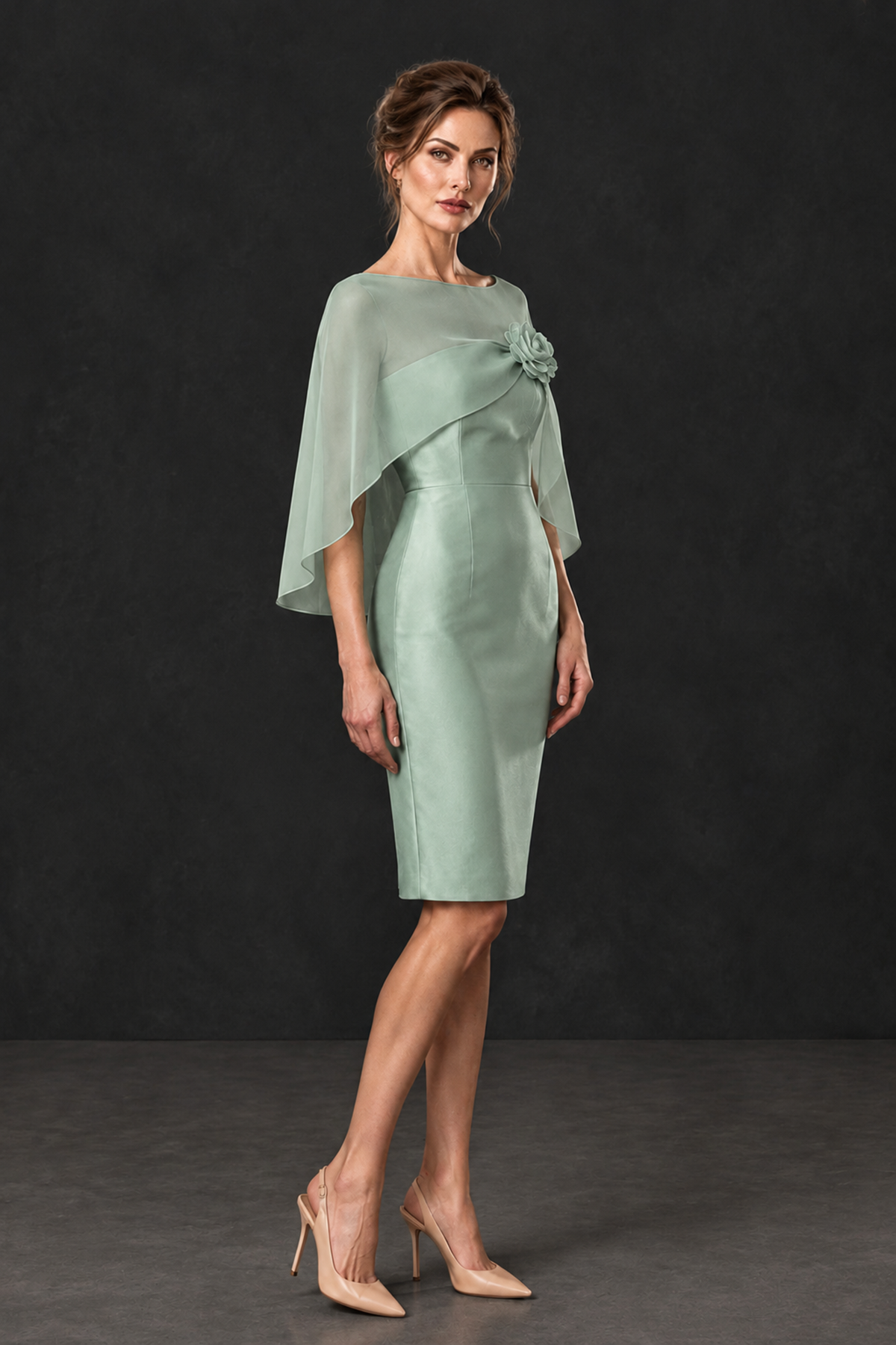 BOLODOO Eucalyptus Cape Knee-Length Mother of the Bride Dress - Eucalyptus - Eucalyptus (3)