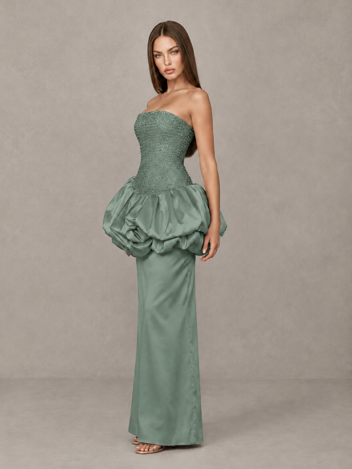 BOLODOO Eucalyptus Strapless Embellished Bubble Peplum Evening Dress - Eucalyptus - Eucalyptus (3)