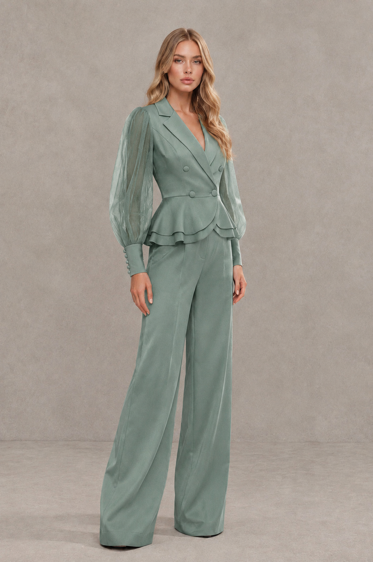 BOLODOO Mint Eucalyptus Peplum Blazer Wide-Leg Pantsuit with Sheer Puff Sleeves - Eucalyptus