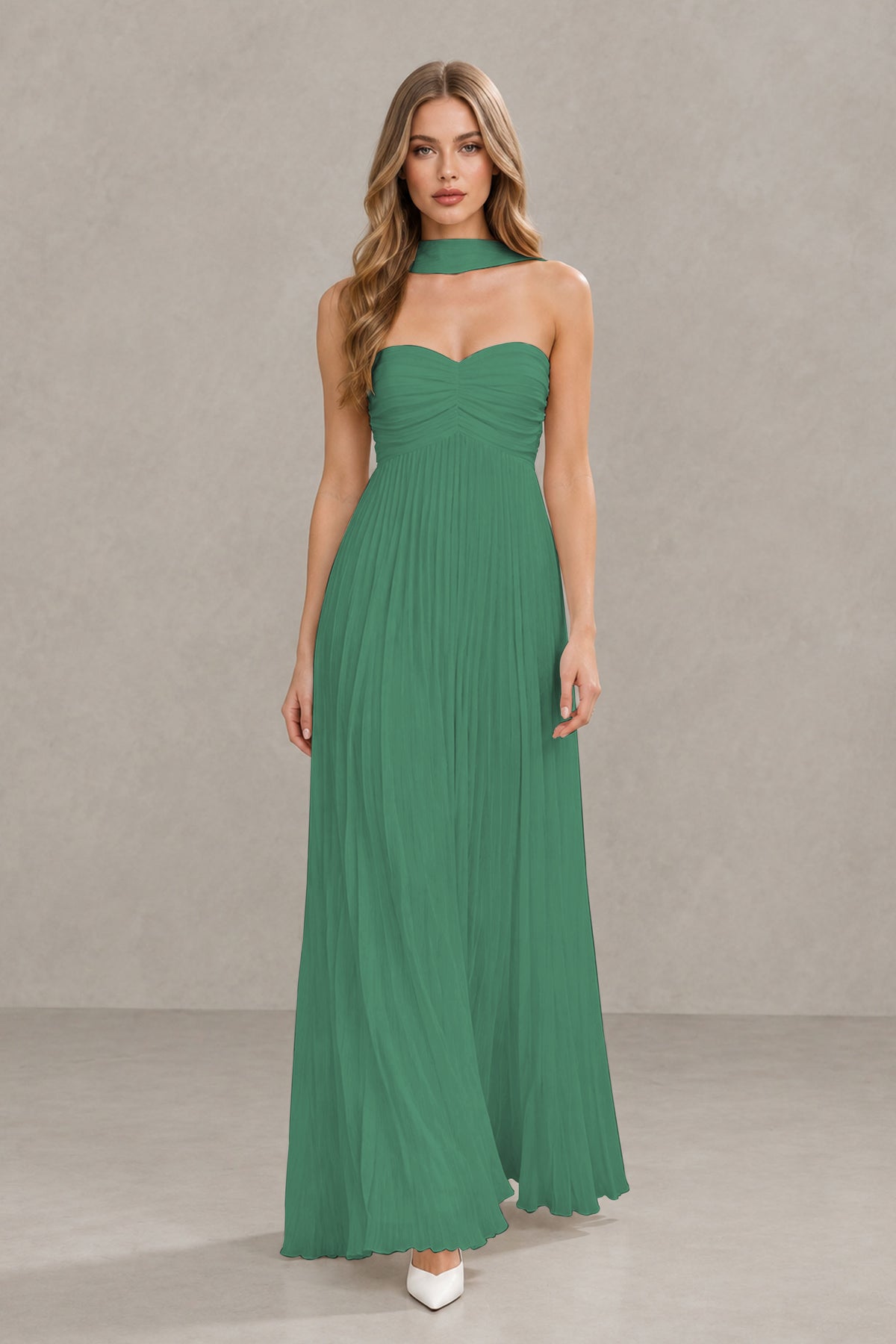BOLODOO Eucalyptus Strapless Chiffon-Look Maxi Dress with Lace-Up Back & Cape - Eucalyptus