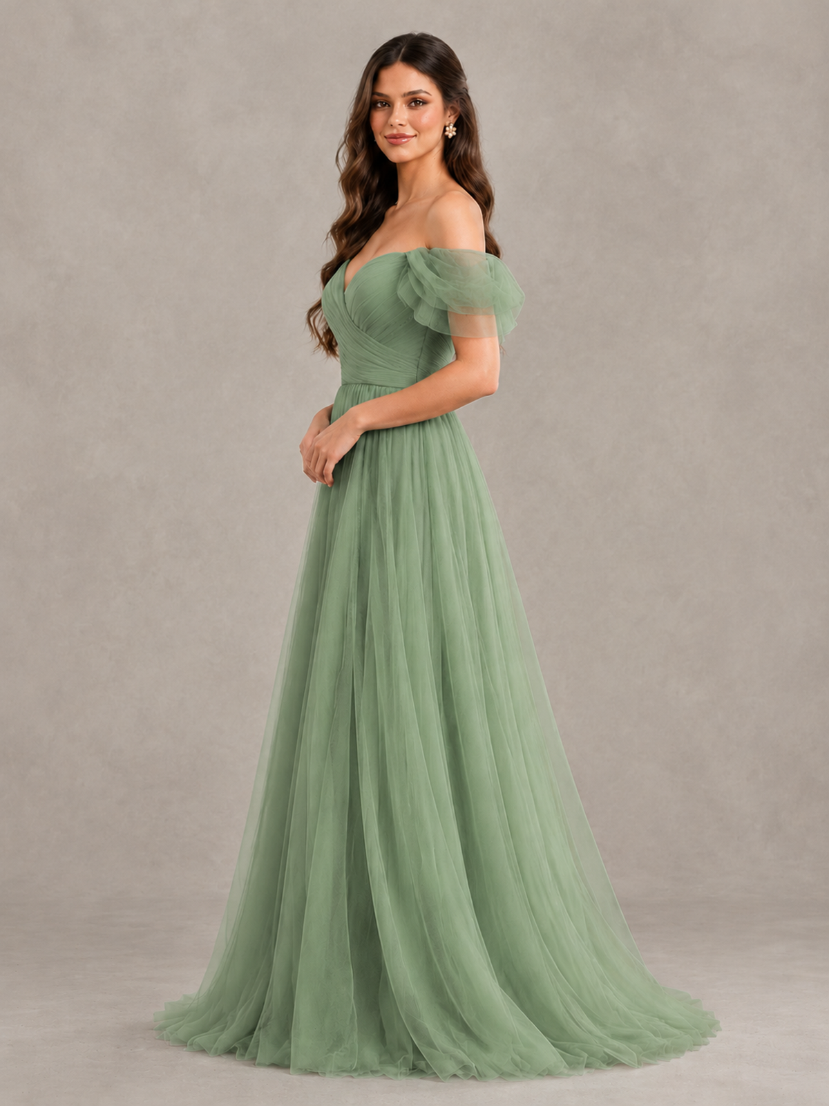 BOLODOO Eucalyptus Off-the-Shoulder Ruffle Sleeve A-Line Bridesmaid Dress - Eucalyptus - Eucalyptus (3)