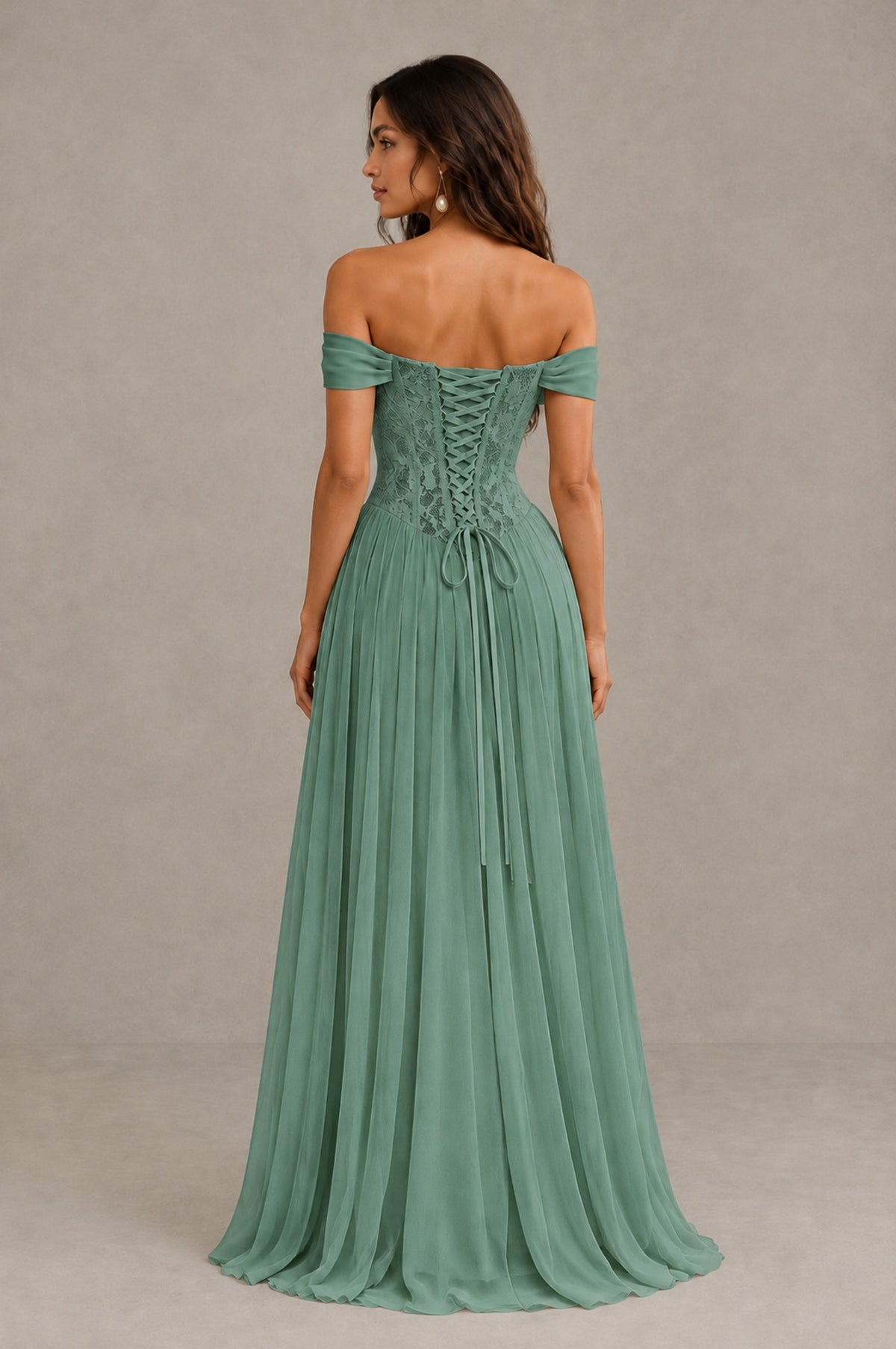 BOLODOO Eucalyptus Off-Shoulder Lace Corset Tulle Maxi Dress - Eucalyptus - Eucalyptus (3)