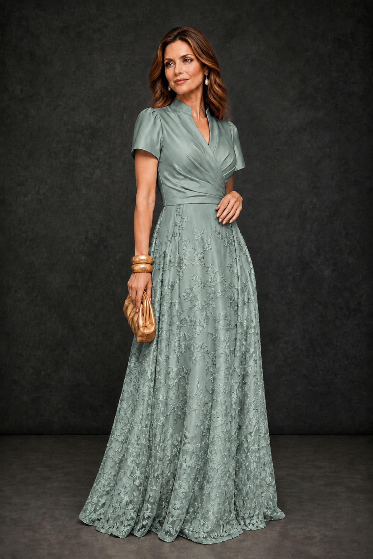 BOLODOO Eucalyptus Satin Wrap V-Neck Short Sleeve Lace Glitter A-Line Floor Length Evening Gown – Formal Dress - Eucalyptus - Eucalyptus (3)