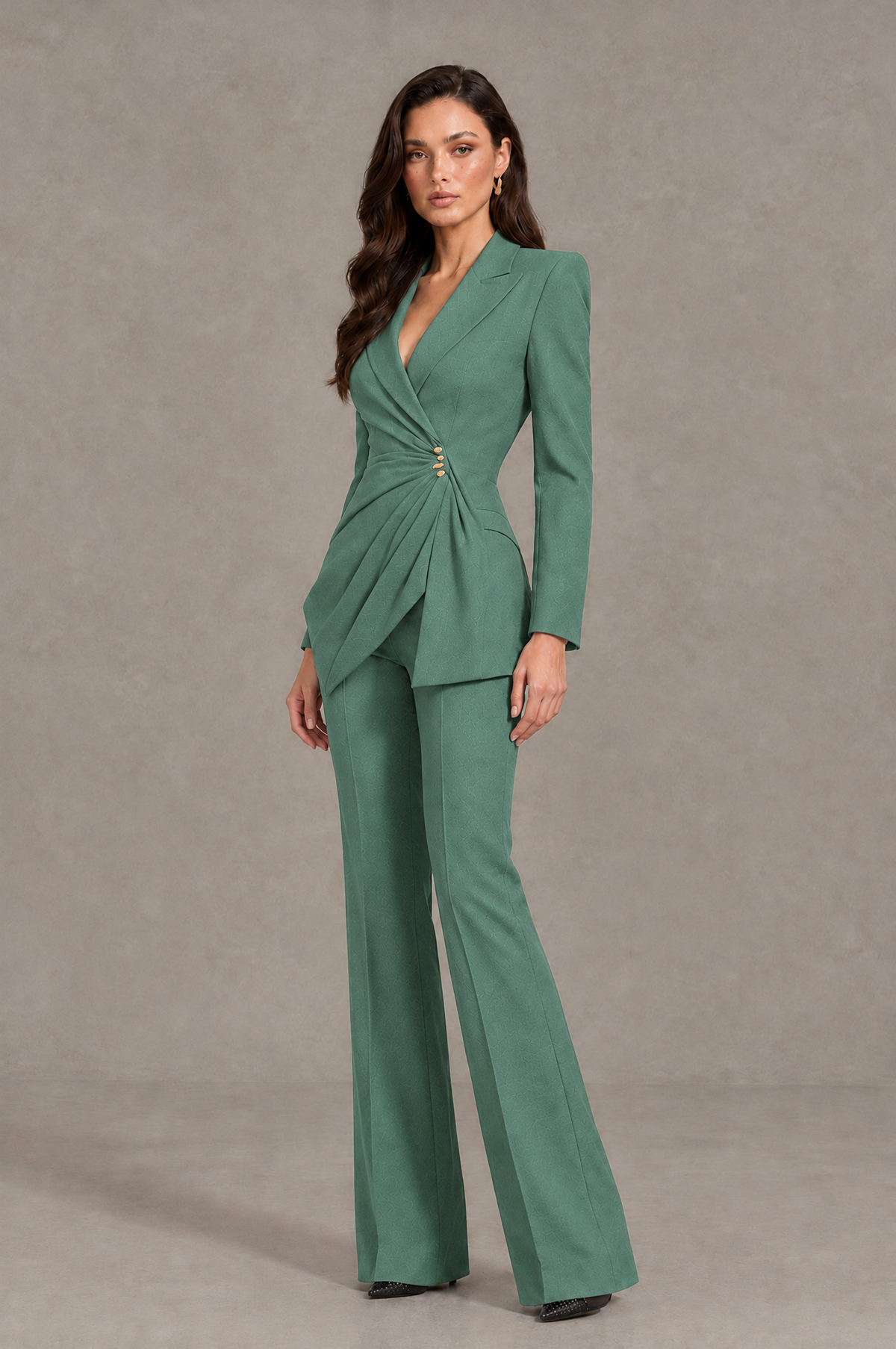 BOLODOO Eucalyptus Long Sleeve Wrap Blazer Pantsuit with Wide-Leg Trousers - Eucalyptus - Eucalyptus (3)