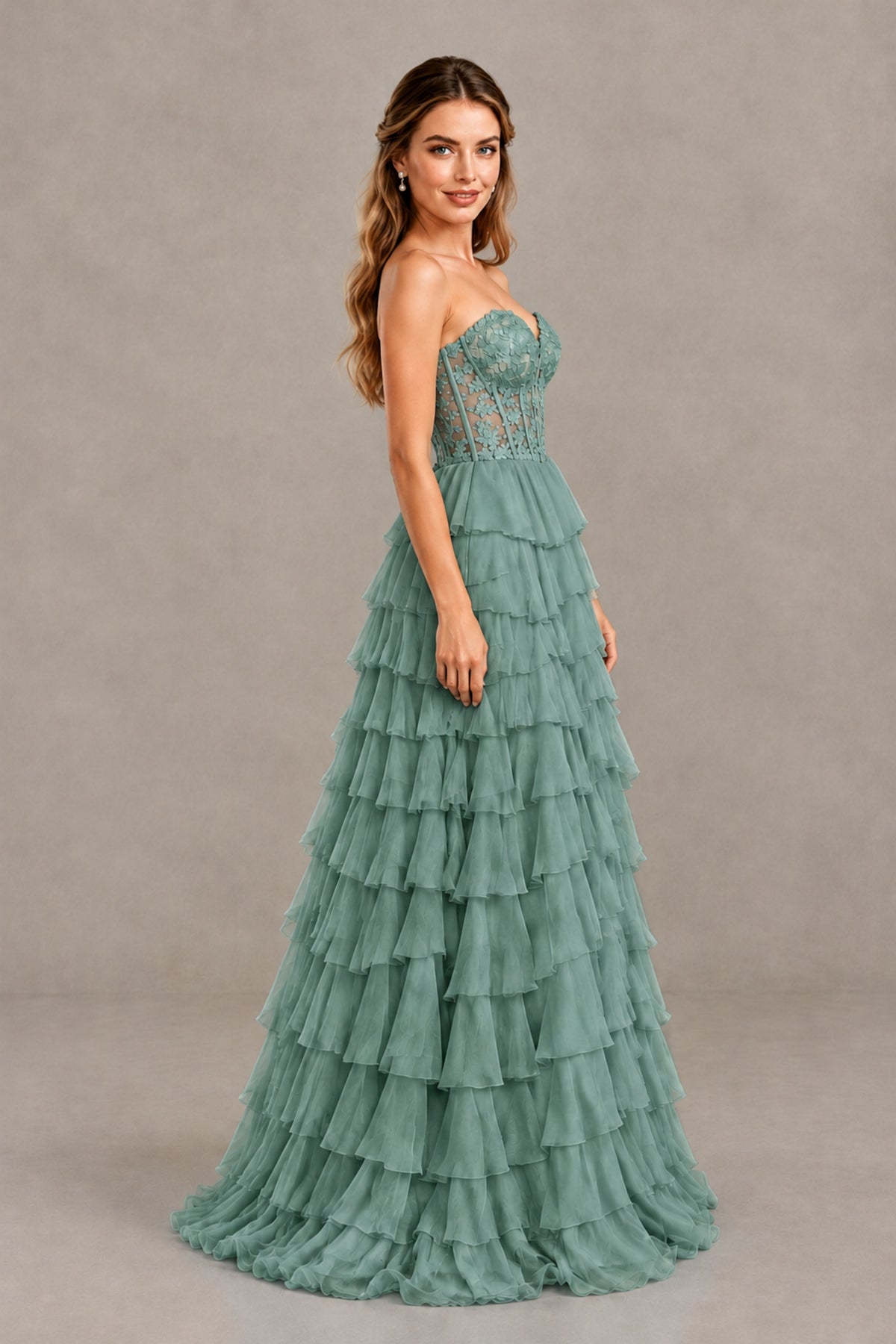 BOLODOO Eucalyptus Strapless Lace Corset Tiered Ruffle Prom Dress with Slit - Eucalyptus - Eucalyptus (3)