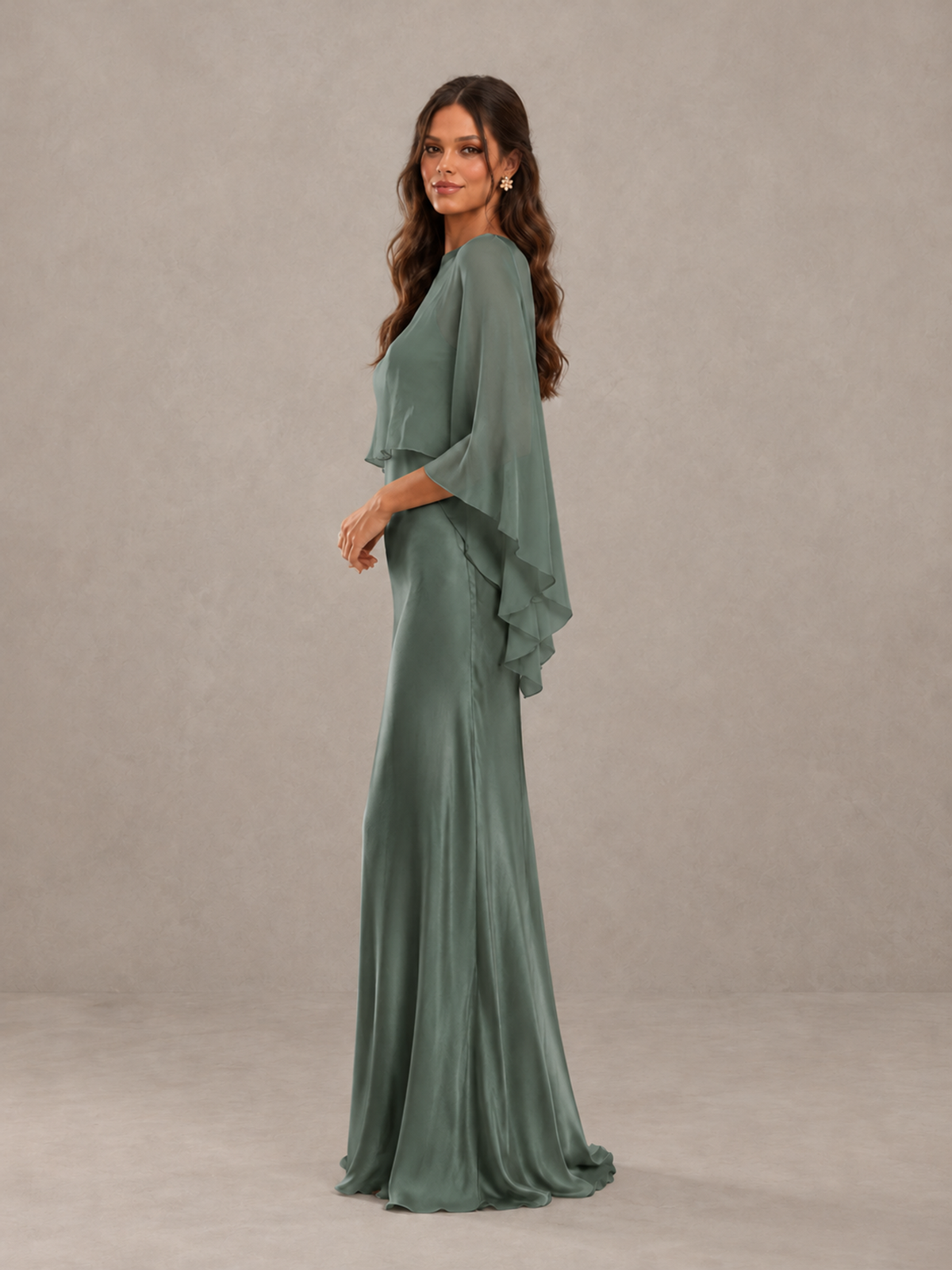 BOLODOO Eucalyptus Satin Mermaid Bridesmaid Dress with Chiffon Cape - Eucalyptus - Eucalyptus (3)