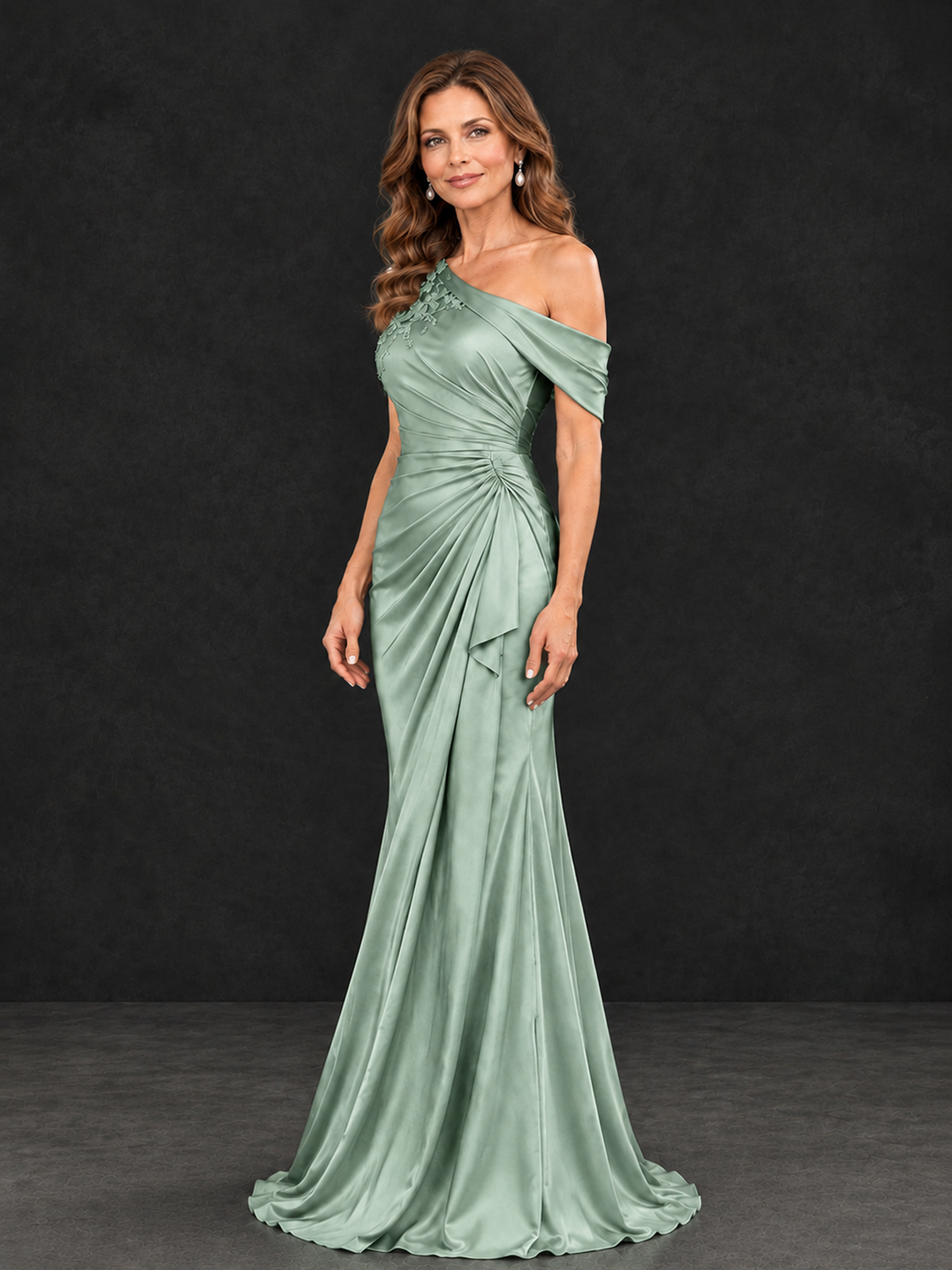 BOLODOO Eucalyptus Asymmetric Satin Mother of the Bride Dress with Lace Sleeve - Eucalyptus - Eucalyptus (3)