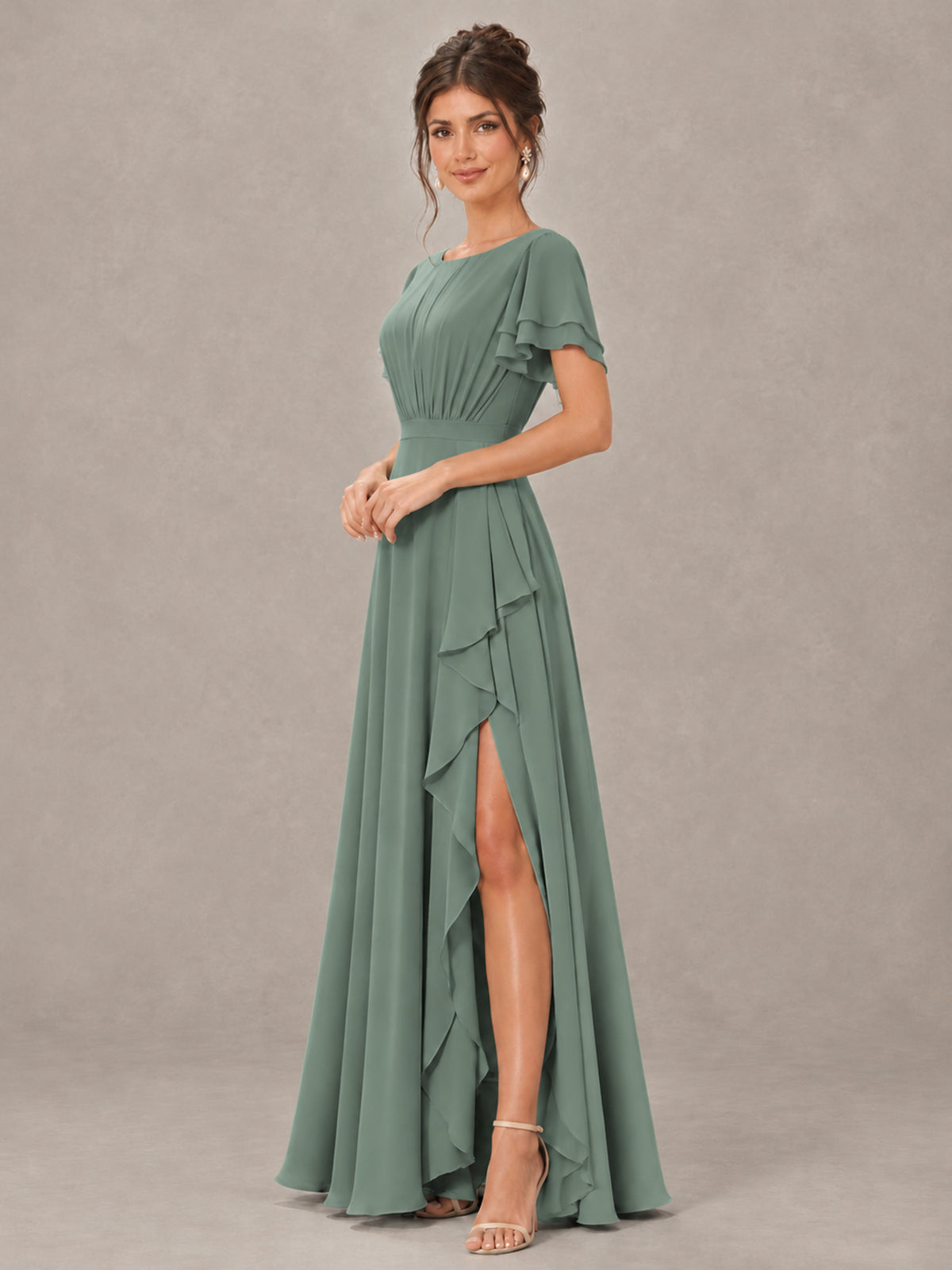 BOLODOO Eucalyptus Flutter Sleeve Ruffle Bridesmaid Dress with Slit - Eucalyptus - Eucalyptus (3)