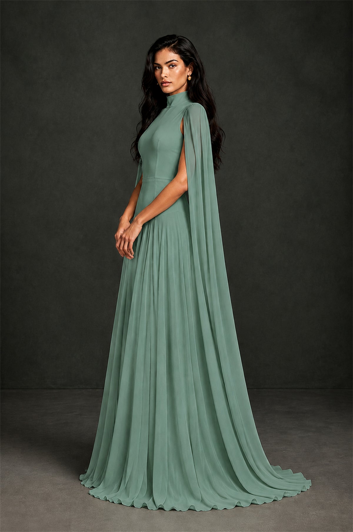 BOLODOO Eucalyptus Mock Neck Cape Sleeve A-Line Chiffon Maxi Dress - Eucalyptus - Eucalyptus (3)