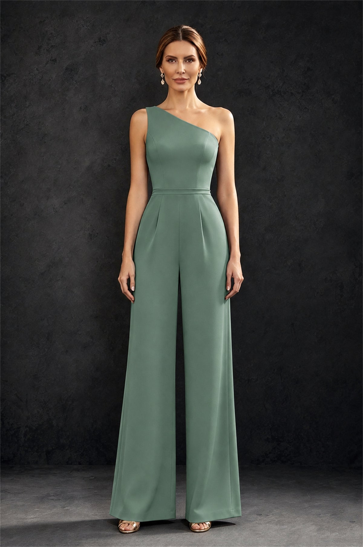 BOLODOO Eucalyptus 2-Piece Set: Off-Shoulder 3D Floral Cape Gown & One-Shoulder Wide-Leg Jumpsuit | BD0373 - Eucalyptus