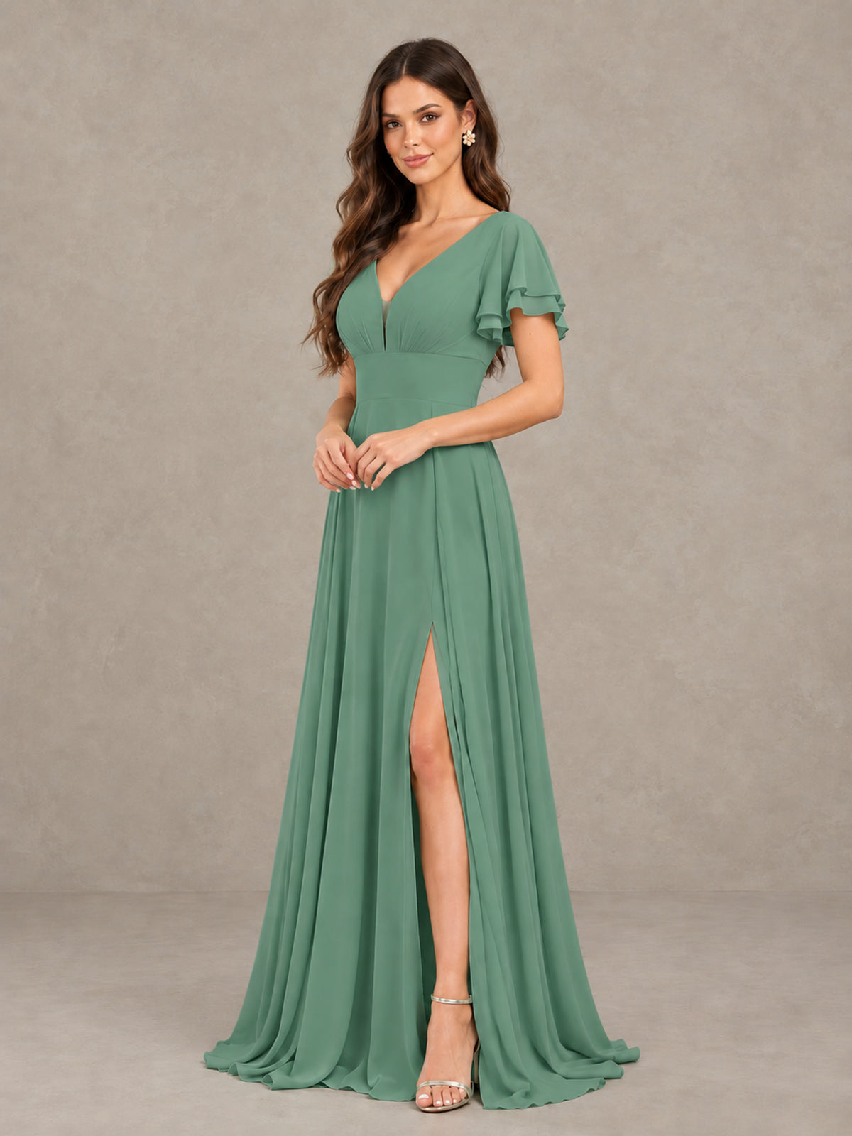 BOLODOO Eucalyptus Flutter Sleeve Chiffon A-Line Maxi Bridesmaid Dress with Open Back & Slit - Eucalyptus - Eucalyptus (3)