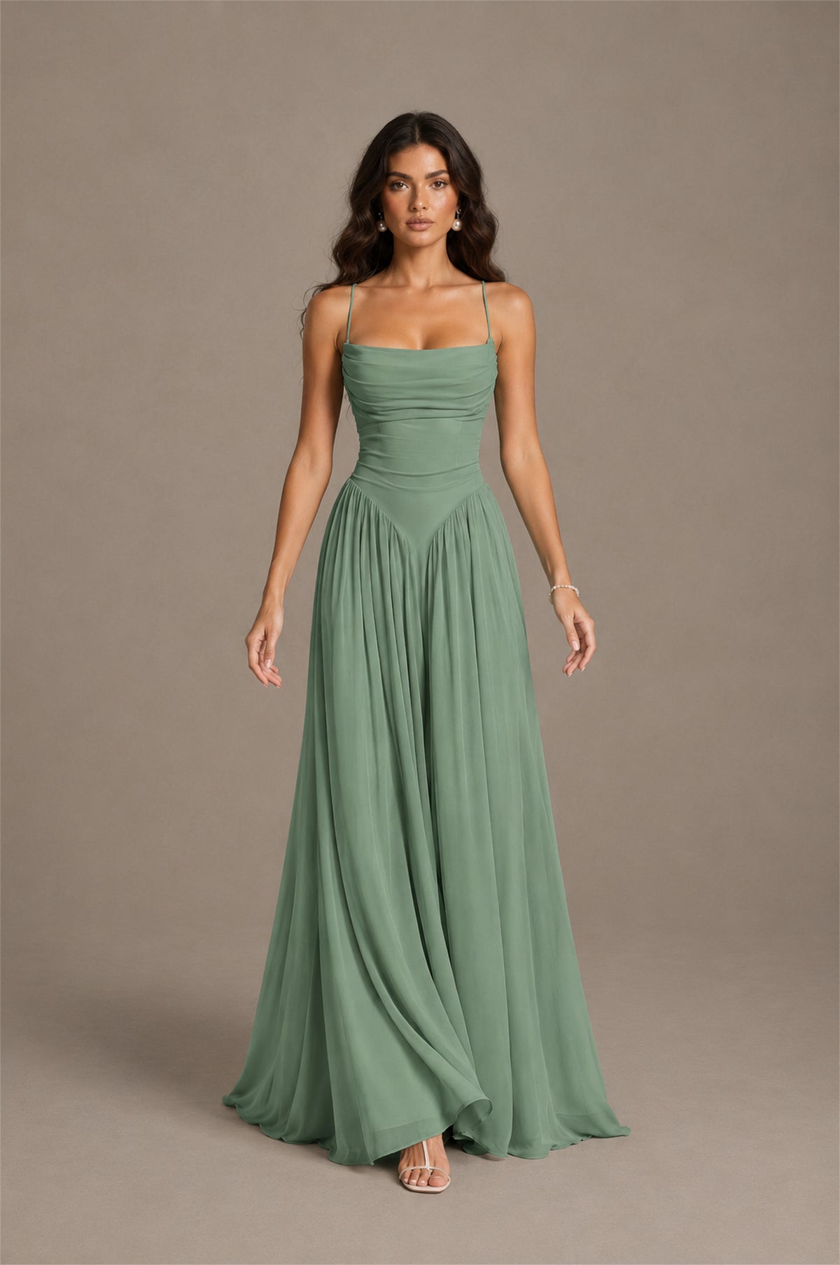 BOLODOO Eucalyptus Spaghetti Strap Square Neck Ruched Chiffon Maxi Dress with Lace-Up Back - Eucalyptus