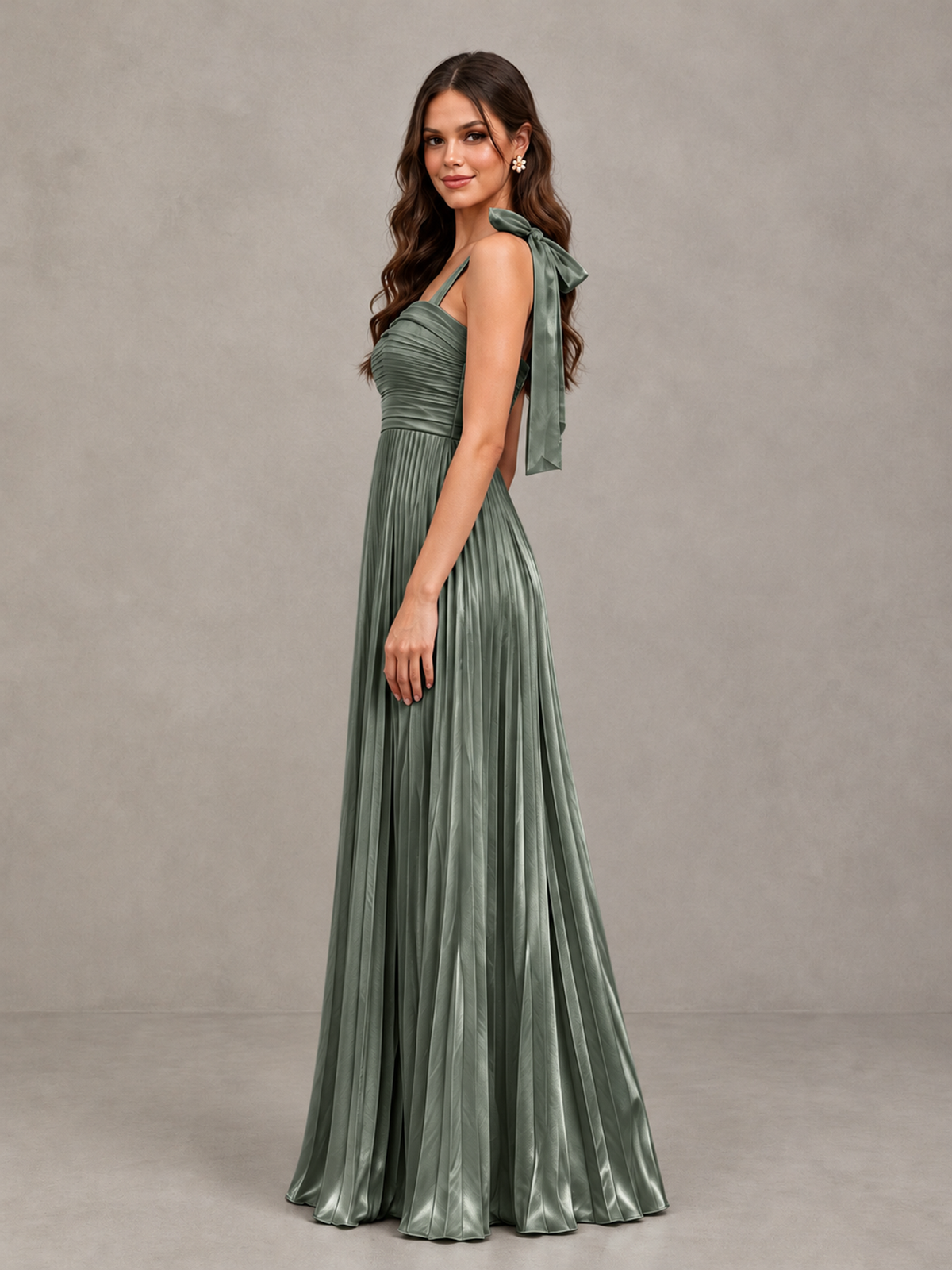 BOLODOO Eucalyptus Pleated Bow-Strap Bridesmaid Maxi Dress - Eucalyptus - Eucalyptus (3)
