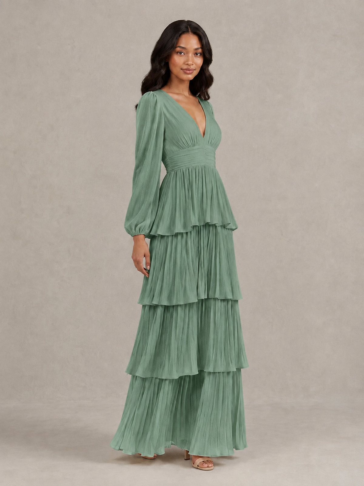 BOLODOO Eucalyptus Long-Sleeve Tiered Maxi Dress with Deep V-Neck - Eucalyptus
