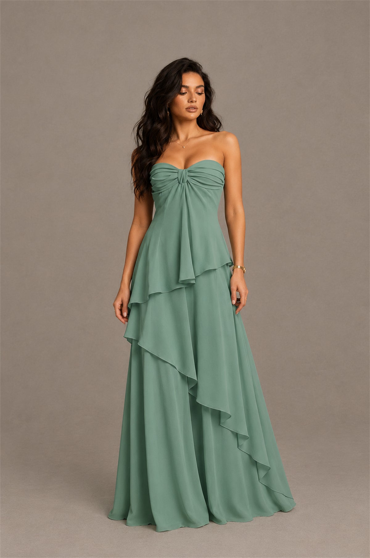 BOLODOO Eucalyptus Strapless Sweetheart Knotted Chiffon Tiered Maxi Dress with Lace-Up Back - Eucalyptus