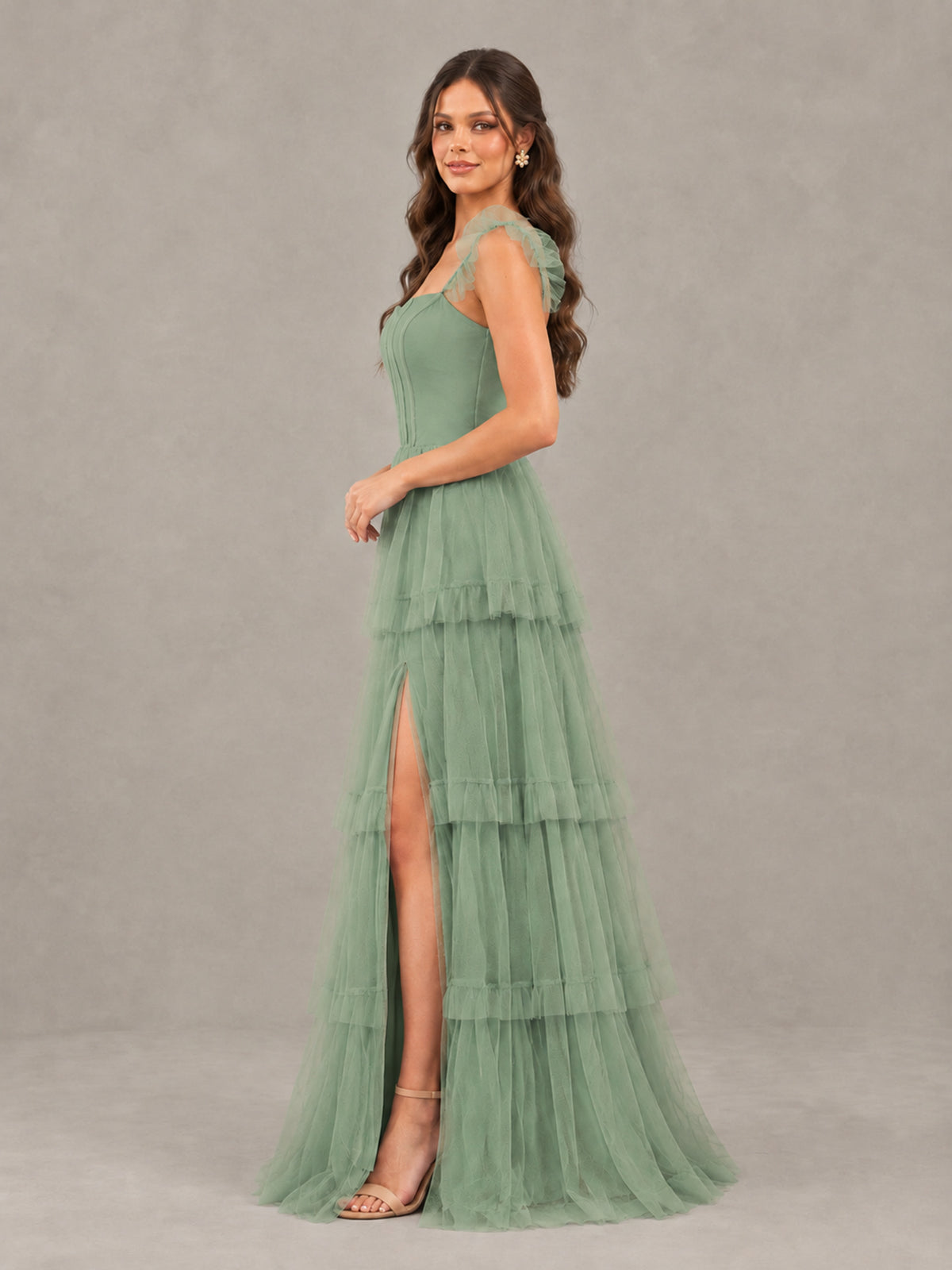 BOLODOO Eucalyptus Tiered Tulle Bridesmaid Dress with Slit - Eucalyptus - Eucalyptus (3)