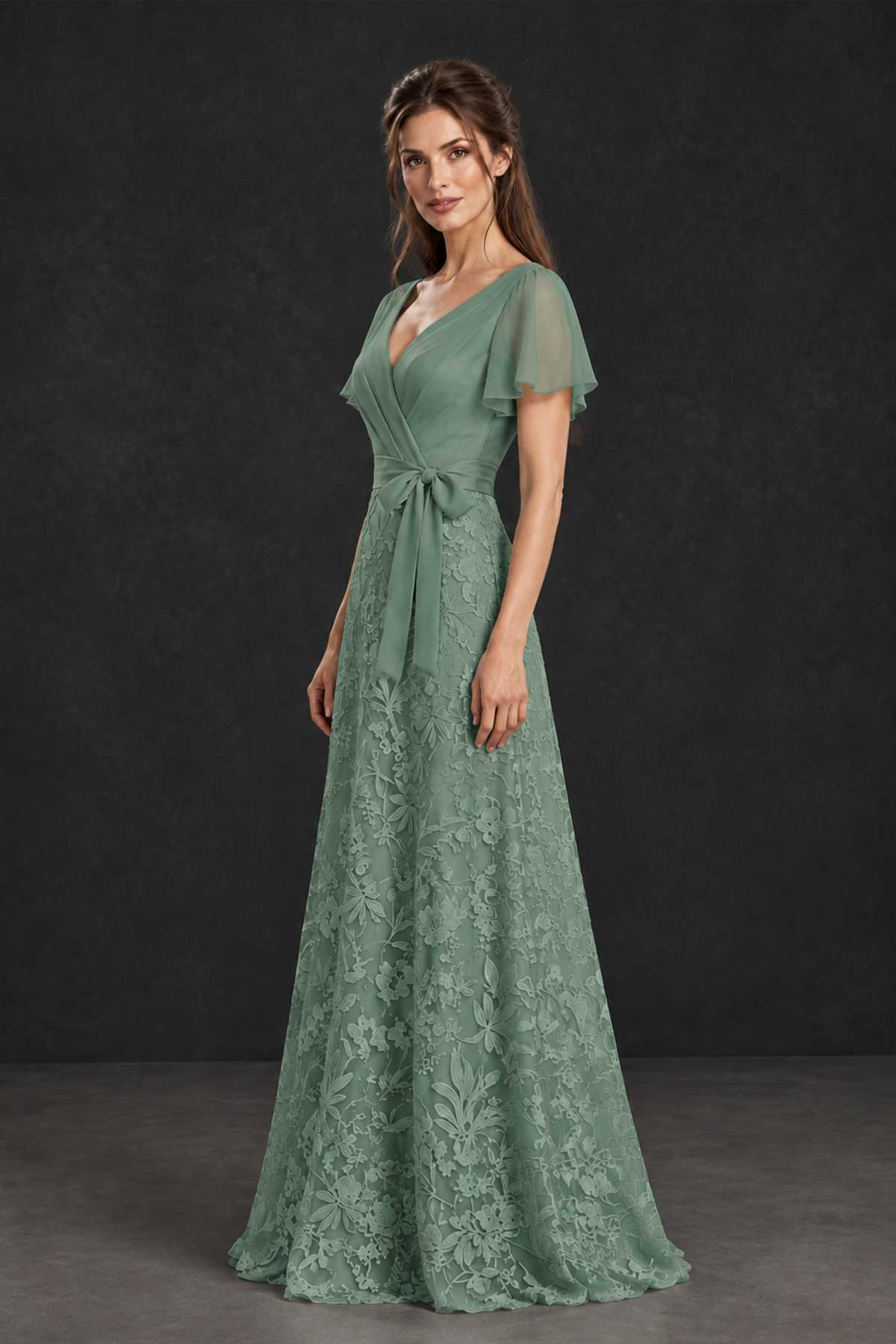BOLODOO Eucalyptus Flutter Sleeve Lace Mother of the Bride Dress - Eucalyptus