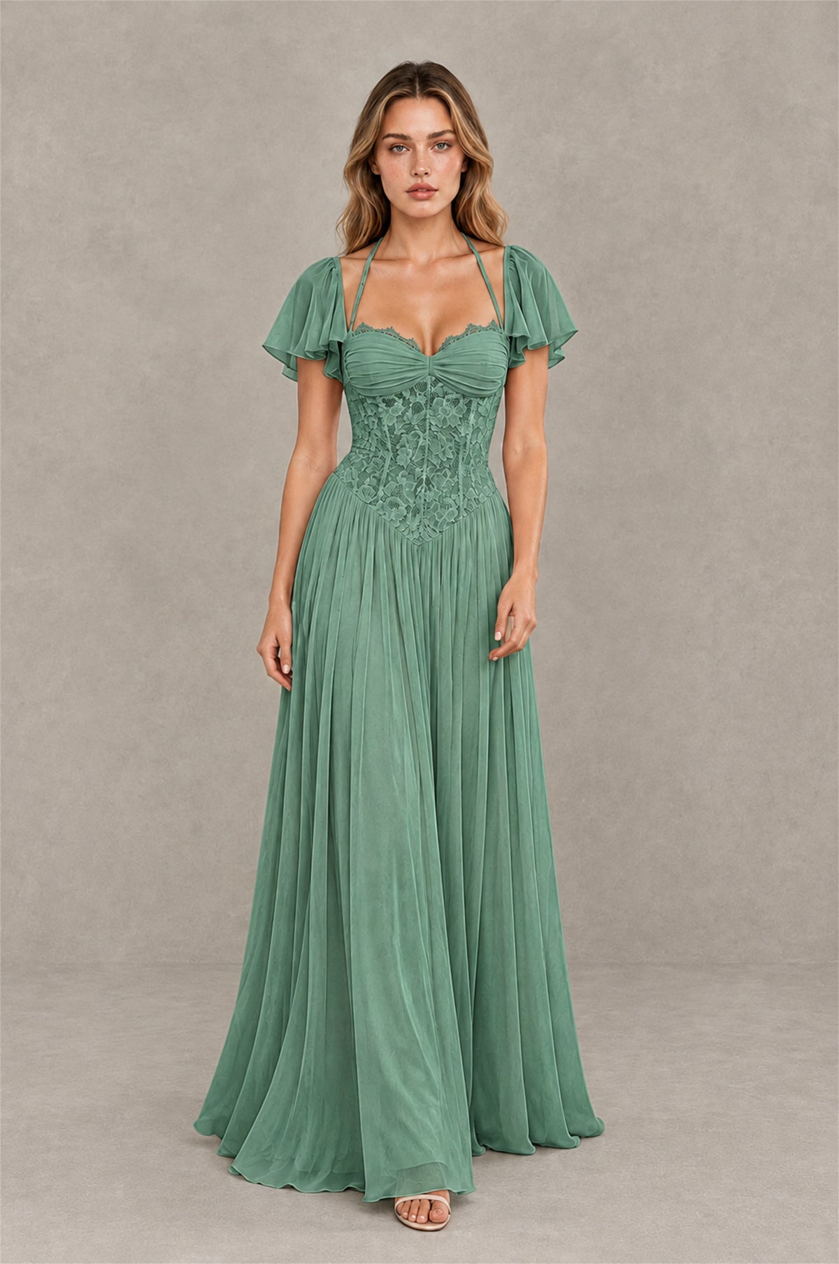 BOLODOO Eucalyptus Flutter Sleeve Lace Corset A-Line Maxi Dress - Eucalyptus - Eucalyptus (3)