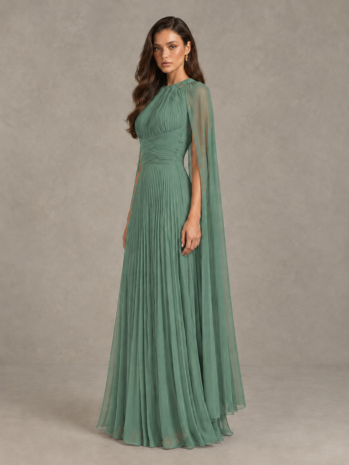 BOLODOO Eucalyptus Pleated Cape Maxi Wedding Guest Dress - Eucalyptus - Eucalyptus (3)
