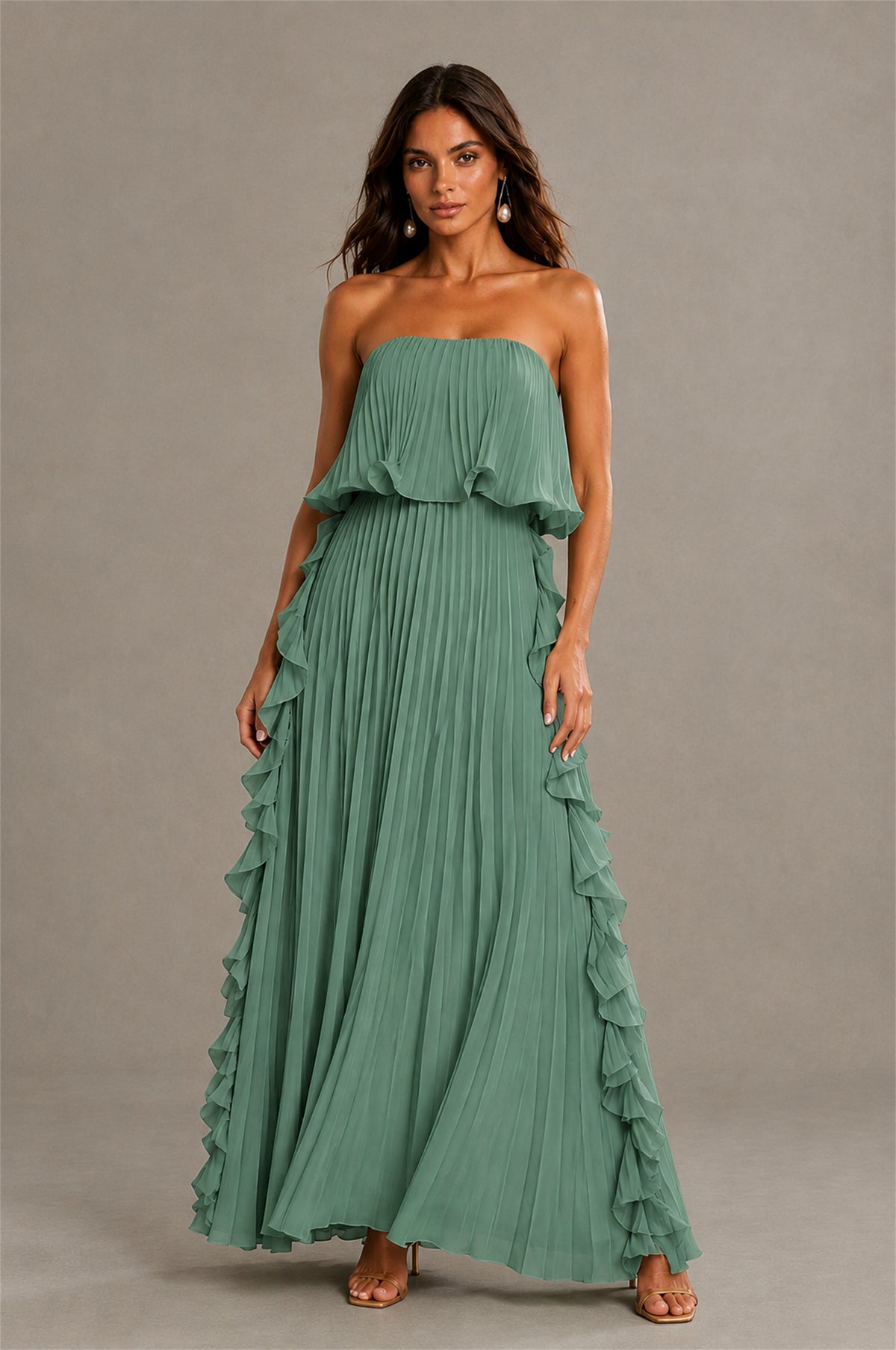 BOLODOO Eucalyptus Strapless Ruffle Bodice Dual Cascading Ruffle Accordion Pleated Chiffon Maxi Dress - Eucalyptus