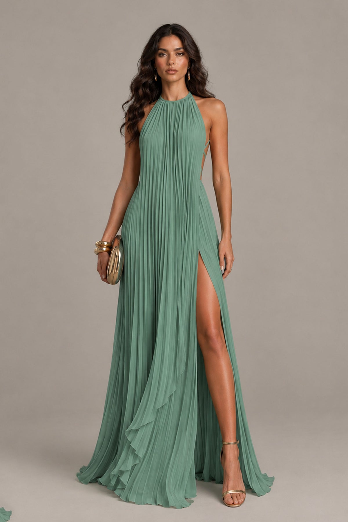 BOLODOO Eucalyptus Halter Neck Pleated Chiffon Maxi Dress with Side Slit - Eucalyptus