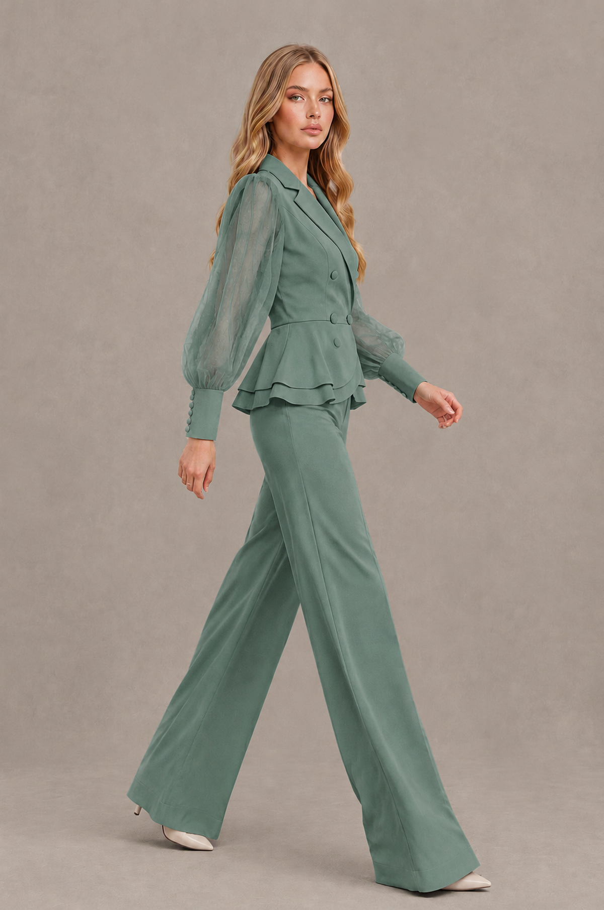 BOLODOO Mint Eucalyptus Peplum Blazer Wide-Leg Pantsuit with Sheer Puff Sleeves - Eucalyptus