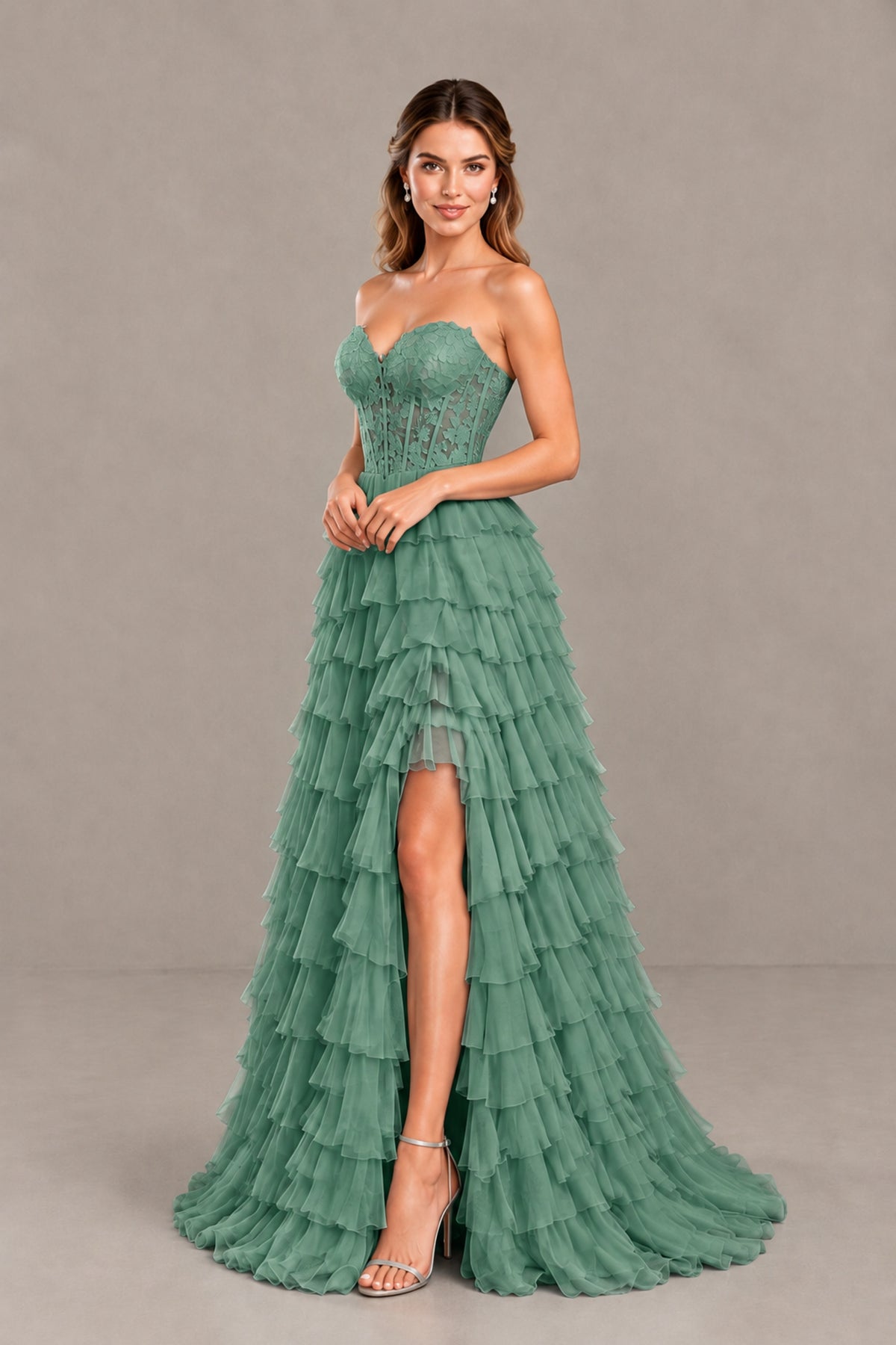 BOLODOO Eucalyptus Strapless Lace Corset Tiered Ruffle Prom Dress with Slit - Eucalyptus - Eucalyptus (4)