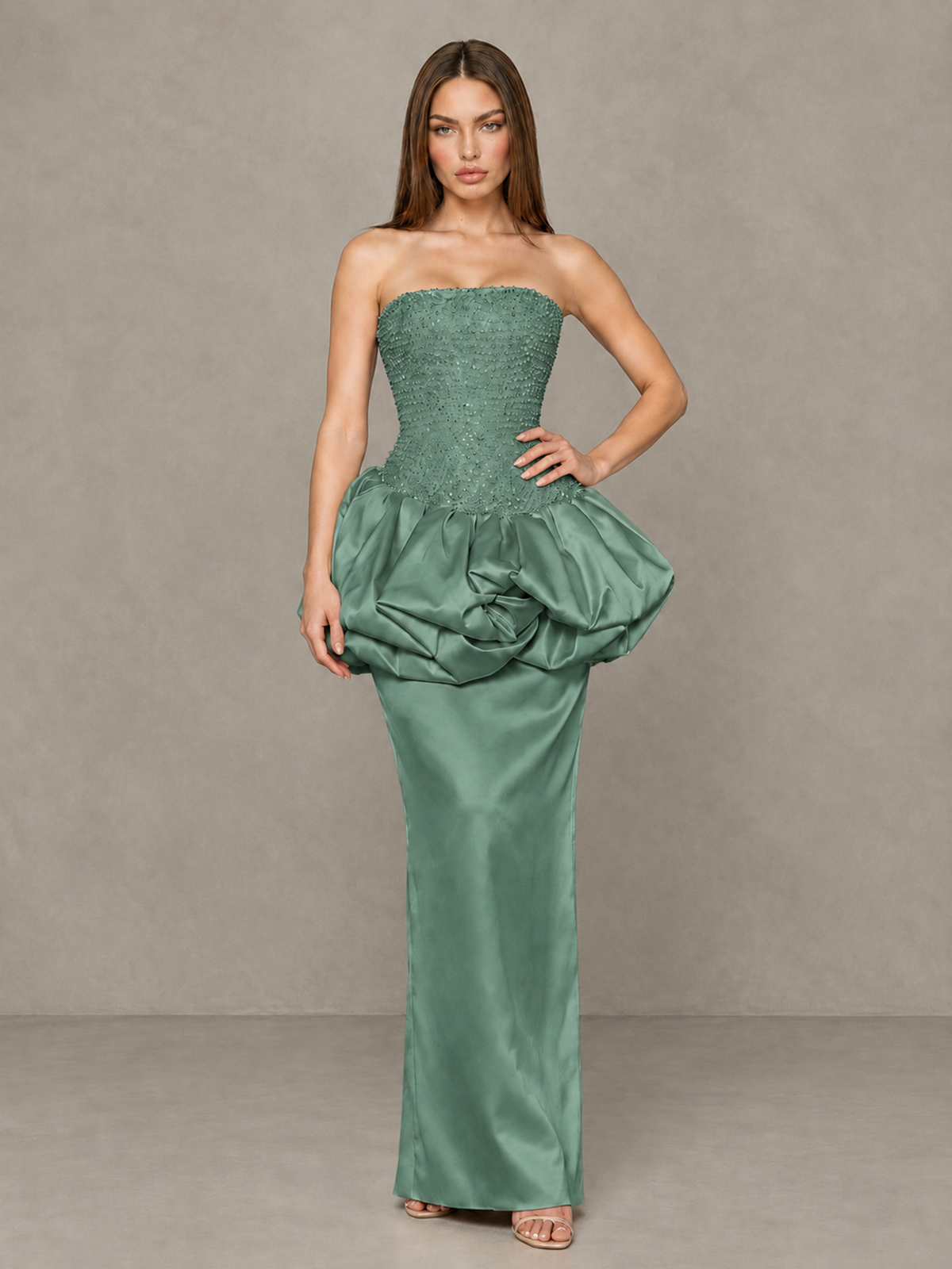 BOLODOO Eucalyptus Strapless Embellished Bubble Peplum Evening Dress - Eucalyptus - Eucalyptus (4)
